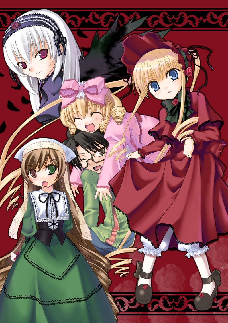 kanzaki karuna, hinaichigo, sakurada jun, shinku, suigintou, suiseiseki, rozen maiden, 00s, 1boy, 4girls, blonde hair, blue eyes, bow, brown hair, headscarf, heterochromia, multiple girls, pink bow, white hair, white headscarf