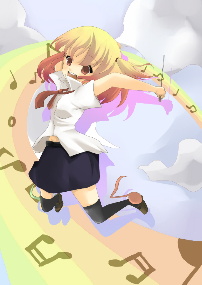 toda ayu, original, 1girl, brown eyes, female focus, music, musical note, necktie, open mouth, rainbow, rainbow path, skirt, solo, thighhighs, two side up