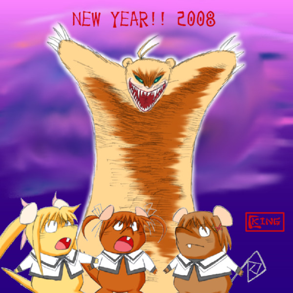 fate testarossa, ganba, noroi, takamachi nanoha, yagami hayate, yuuno scrya, ganba no bouken, lyrical nanoha, mahou shoujo lyrical nanoha, mahou shoujo lyrical nanoha a's, 00s, 2008, animal, ferret, hair ornament, monster, new year, no humans, oekaki, parody, scared, school uniform, sharp teeth, size difference, surprised, teeth, twintails, upper body, vest, wide sleeves, x hair ornament