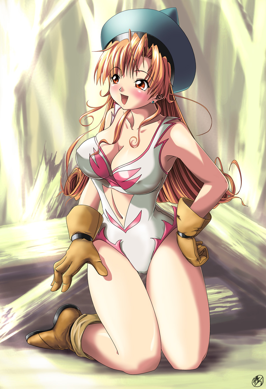 shinozuka jouji, alena (dq4), chunsoft, dragon quest, dragon quest iv, enix, highres, 1girl, angel leotard, blush, breasts, cleavage, female focus, gloves, hat, large breasts, leotard, red eyes, red hair, solo, swimsuit