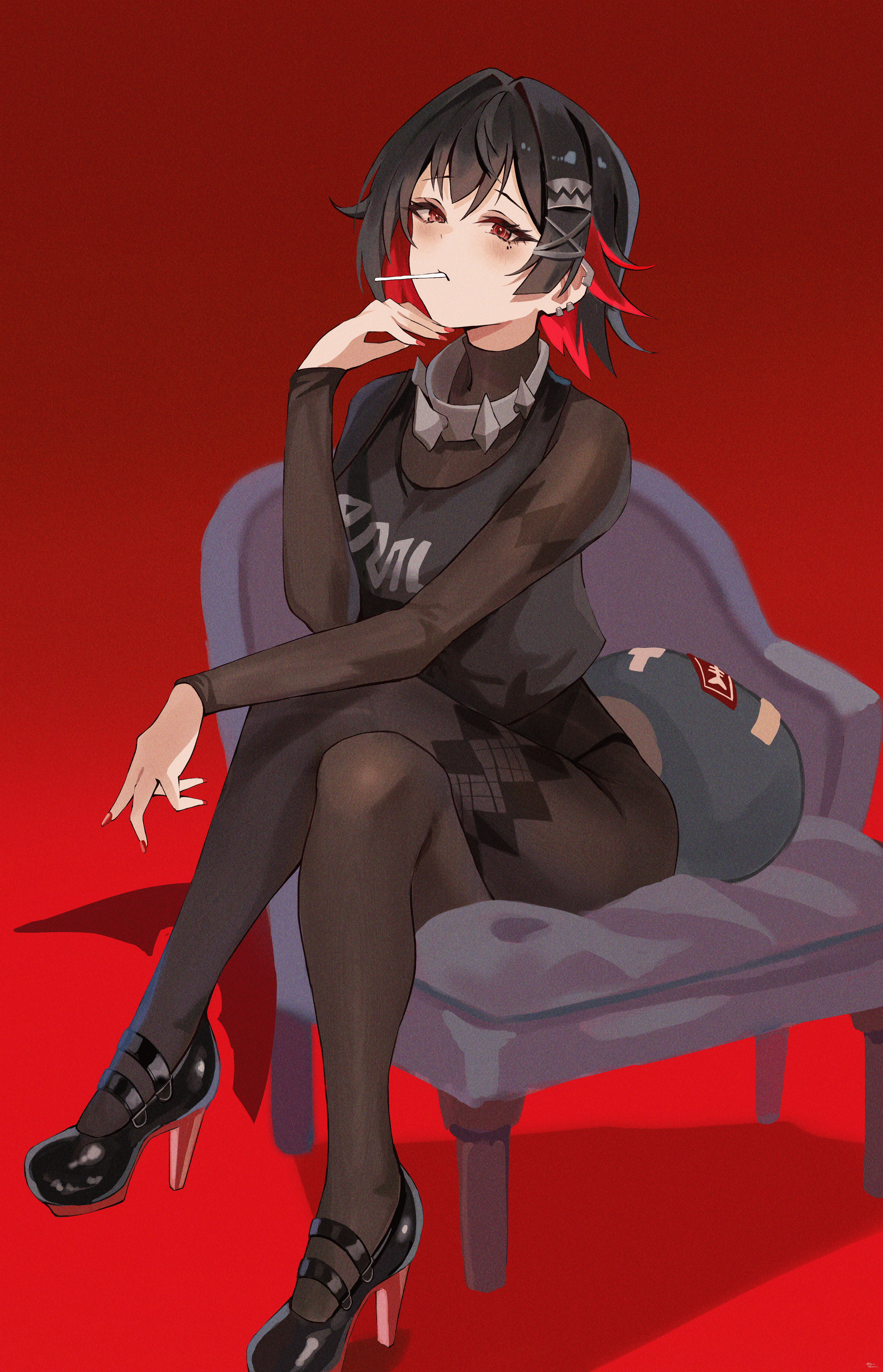 yato (yama0x1), ellen joe, zenless zone zero, absurdres, commentary request, highres, 1girl, black hair, black panties, black shirt, black shoes, blush, bodystocking, breasts, colored inner hair, couch, crossed legs, ear piercing, fins, fish tail, food in mouth, high heels, large breasts, mole, mole under eye, multicolored hair, nail polish, on couch, panties, piercing, red background, red eyes, red hair, red nails, shark girl, shark tail, shirt, shoes, sitting, solo, tail, underwear