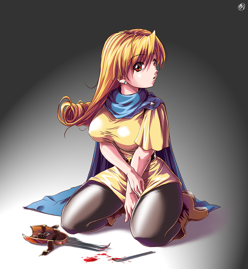 shinozuka jouji, alena (dq4), chunsoft, dragon quest, dragon quest iv, enix, 1girl, blood, cape, claws, female focus, long hair, pantyhose, red eyes, red hair, skirt, solo, weapon, yellow skirt