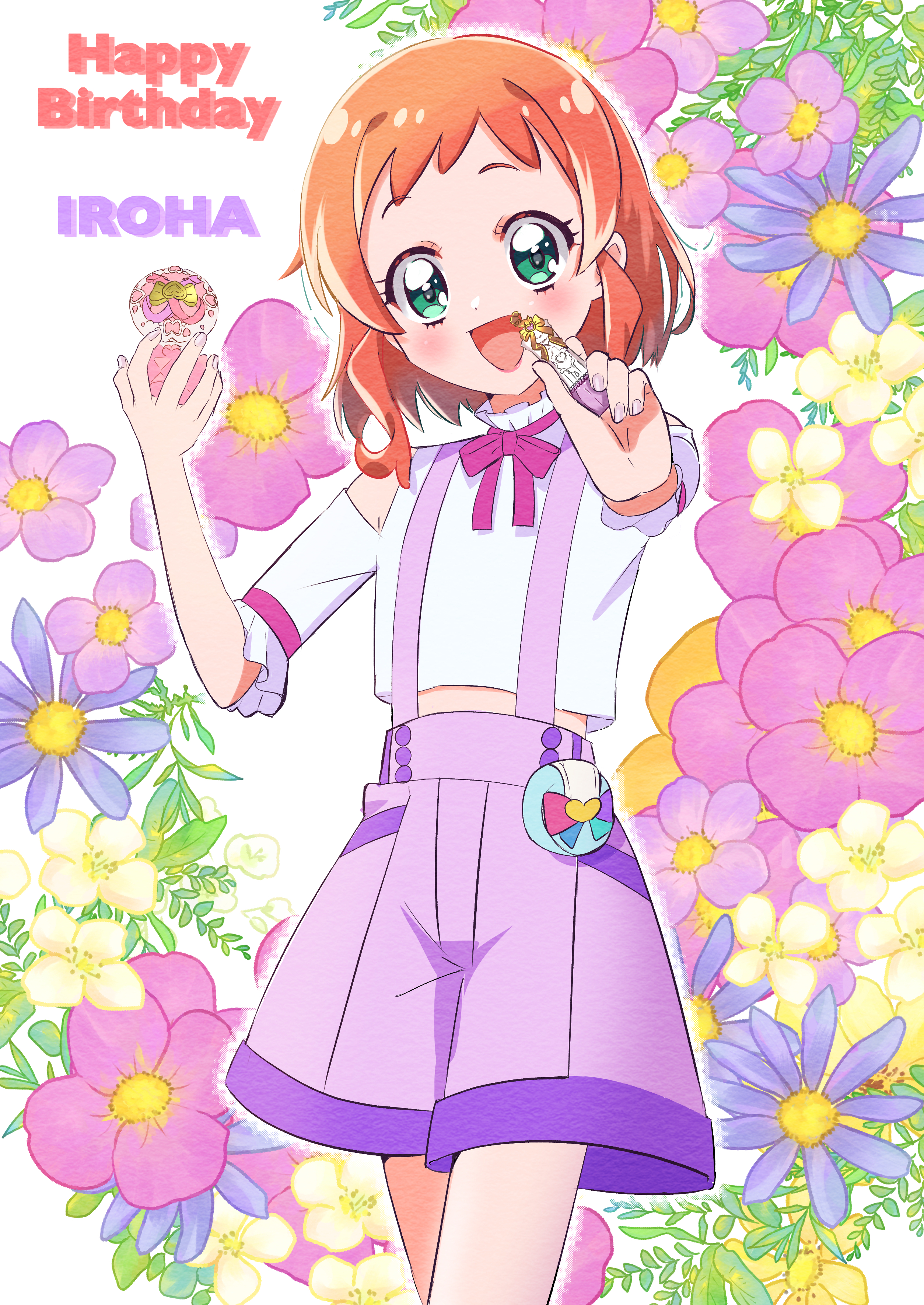 inukai iroha, precure, wonderful precure!, absurdres, commentary, highres, 1girl, :d, bare shoulders, blush, buttons, character name, clothing cutout, cosmetics, cowboy shot, cropped shirt, english text, fingernails, floral background, flower, frilled shirt, frilled sleeves, frills, green eyes, hand up, happy birthday, holding, holding lipstick tube, legs together, lipstick, lipstick tube, looking at viewer, makeup, midriff, nail polish, neck ribbon, nishiyumi, open mouth, orange hair, outstretched arm, pact holder, pink ribbon, pouch, purple nails, purple shorts, ribbon, shirt, short hair with long locks, short sleeves, shorts, shoulder cutout, smile, solo, standing, suspender shorts, suspenders, white background, white shirt, wonderful pact