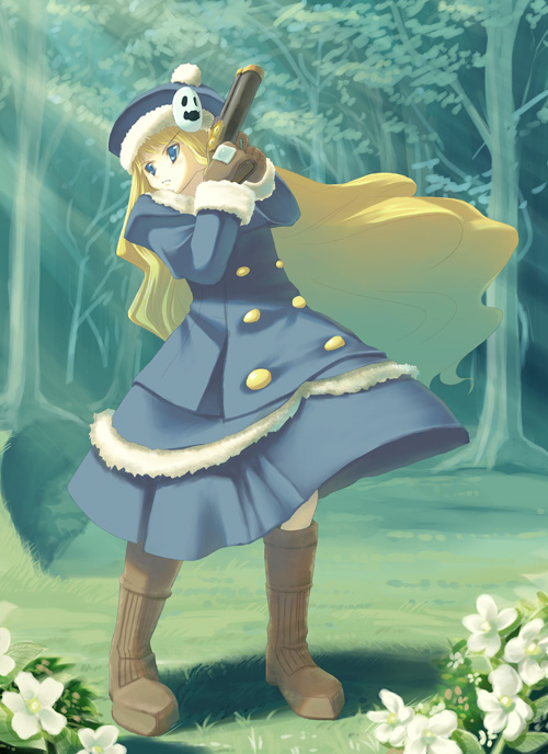 hisagi hotaru, gunner (sekaiju), gunner 2 (sekaiju), jack frost (megami tensei), atlus, etrian odyssey, 1girl, blonde hair, blue eyes, blush, boots, brown boots, buttons, curly hair, female focus, forest, hat, knee boots, long hair, long sleeves, nature, outdoors, plant, pom pom (clothes), solo, standing, tree, very long hair