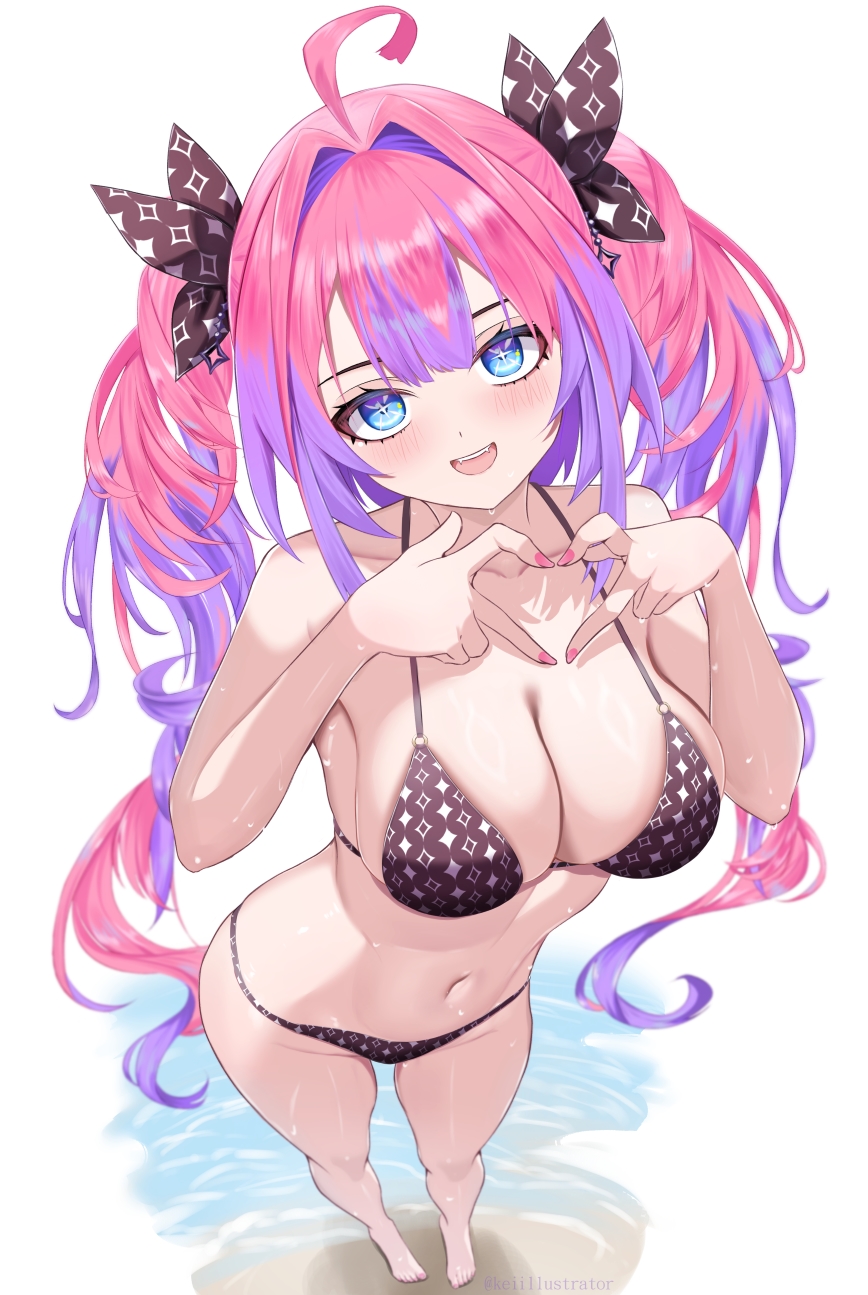 kei (keiillustrator), kikirara vivi, hololive, hololive dev is, highres, 1girl, :d, ahoge, alternate costume, barefoot, bikini, black bikini, black bow, blue eyes, bow, breasts, center-flap bangs, cleavage, double-parted bangs, full body, hair bow, hair intakes, halterneck, large breasts, long hair, looking at viewer, multicolored hair, nail polish, navel, open mouth, pink hair, pink nails, purple hair, simple background, smile, solo, standing, stomach, streaked hair, string bikini, swimsuit, twintails, very long hair, virtual youtuber, white background