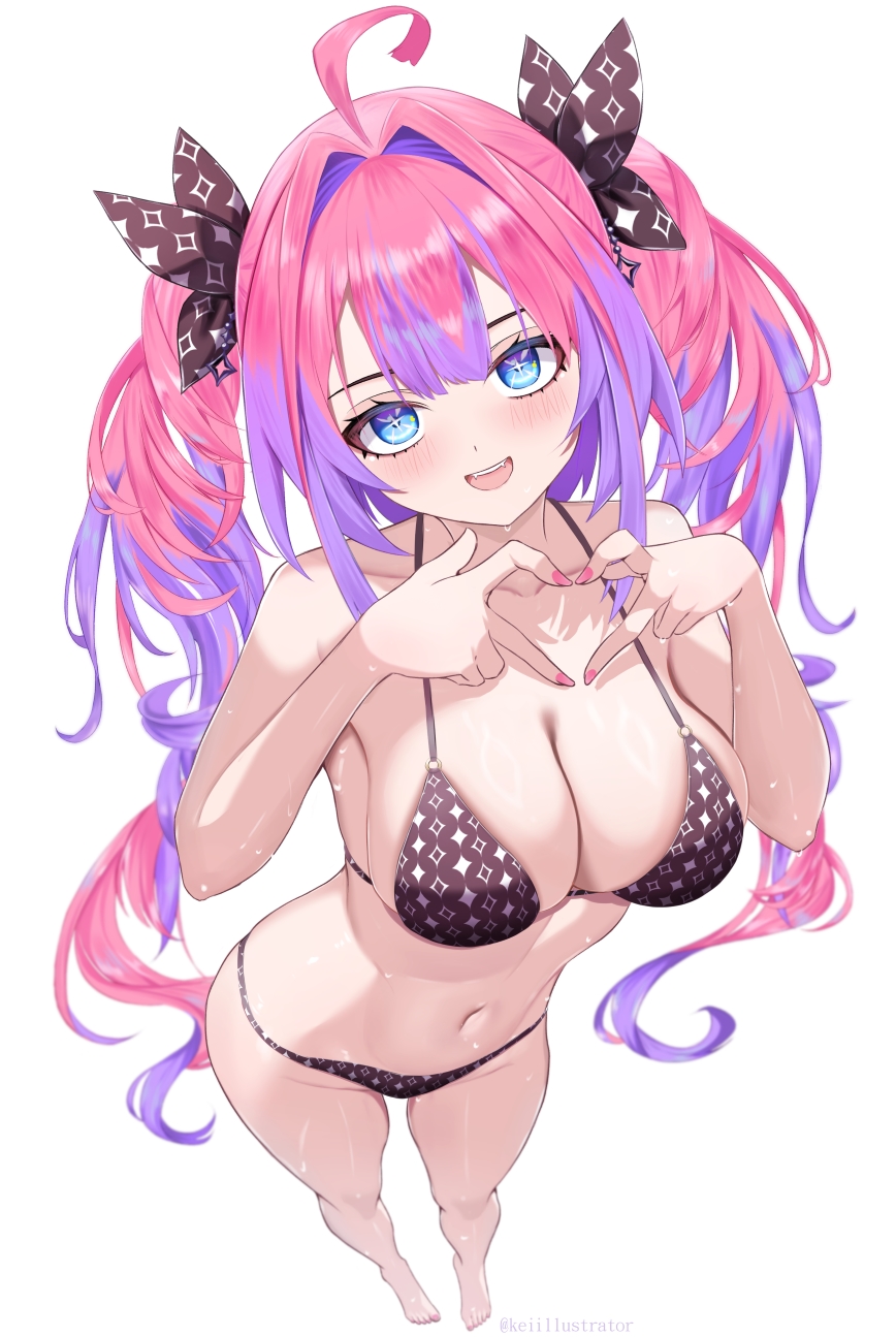 kei (keiillustrator), kikirara vivi, hololive, hololive dev is, highres, 1girl, :d, ahoge, alternate costume, barefoot, bikini, black bikini, black bow, blue eyes, bow, breasts, center-flap bangs, cleavage, double-parted bangs, full body, hair bow, hair intakes, halterneck, large breasts, long hair, looking at viewer, multicolored hair, nail polish, navel, open mouth, pink hair, pink nails, purple hair, simple background, smile, solo, standing, stomach, streaked hair, string bikini, swimsuit, twintails, very long hair, virtual youtuber, white background