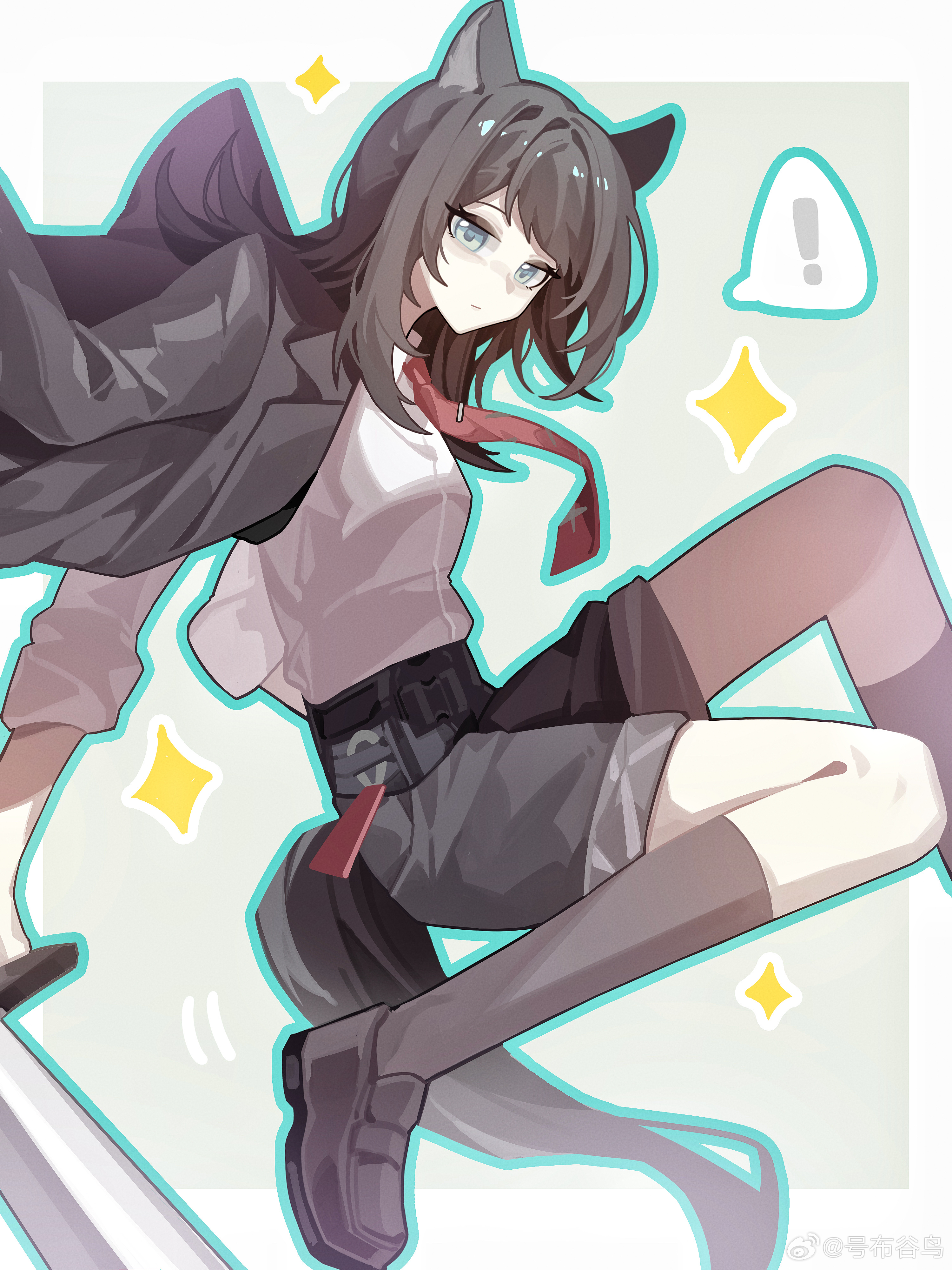 haobuguniao, yahata umiri, arknights, bang dream!, bang dream! it's mygo!!!!!, absurdres, highres, 1girl, animal ears, black hair, black jacket, black shorts, black socks, blue eyes, blue outline, holding, holding sword, holding weapon, jacket, jacket on shoulders, kneehighs, medium hair, necktie, outline, red necktie, shorts, socks, solo, sword, tail, watermark, weapon, weibo watermark, wolf ears, wolf girl, wolf tail, yahata umiri (moonlight executioner)