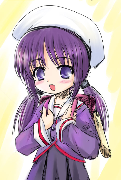 backpack, bag, blue eyes, blush, hat, randoseru, school uniform, serafuku, solo, twintails