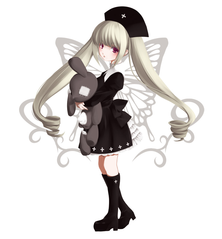 ayase hazuki, original, silver hair, 1girl, cross, female focus, full body, greek cross, hat, red eyes, solo, standing, stuffed animal, stuffed rabbit, stuffed toy, twintails