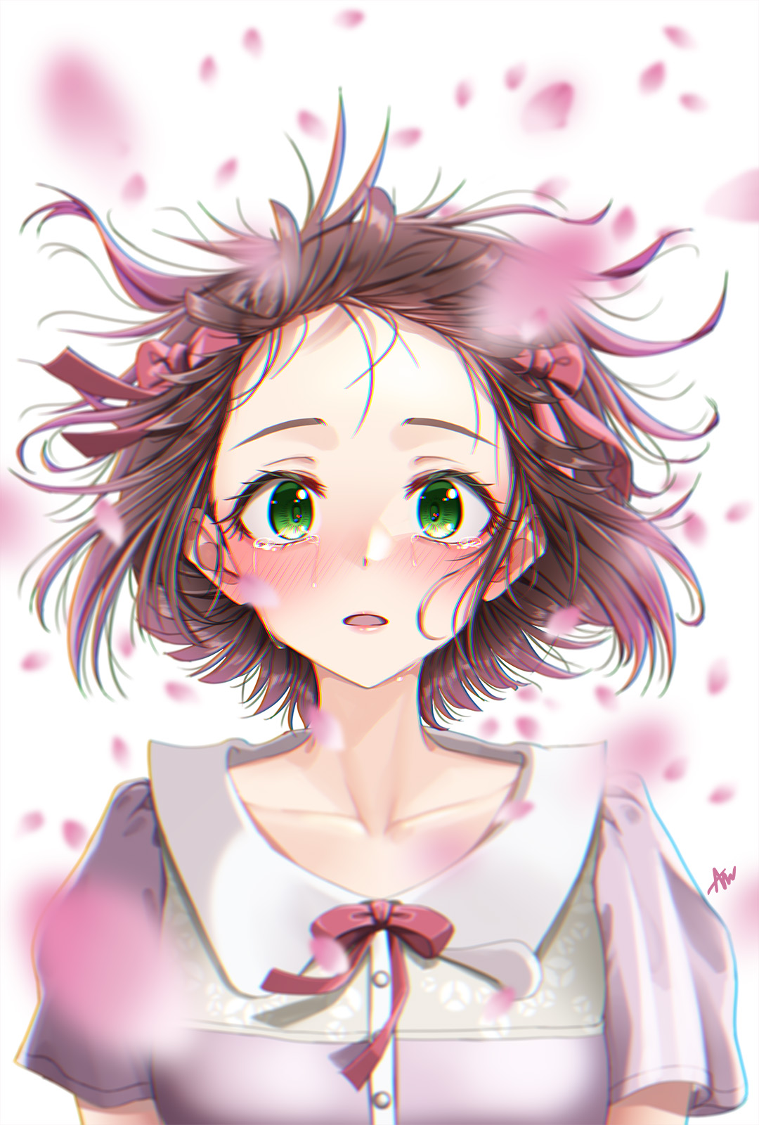 am serr, amami haruka, idolmaster, idolmaster (classic), highres, 1girl, blush, bow, brown hair, collarbone, falling petals, floating hair, forehead, green eyes, hair bow, looking at viewer, multiple hair bows, open mouth, petals, pink bow, shirt, short hair, short sleeves, solo, straight-on, tears, upper body, white background