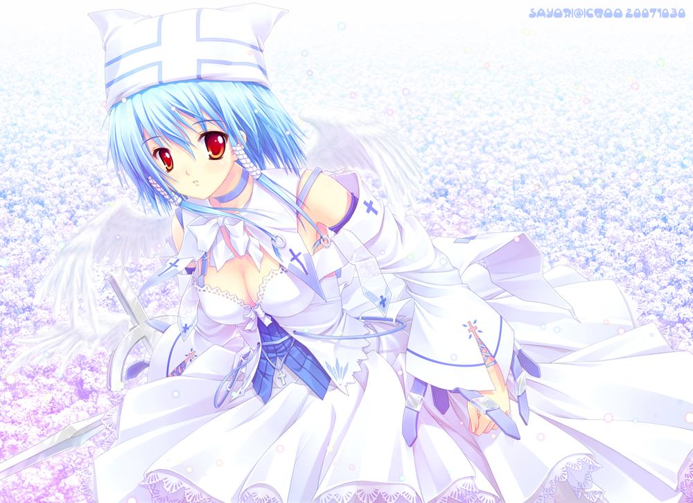 icqoo, sayori (neko works), bad id, bad pixiv id, 1girl, blue hair, breasts, choker, cleavage, dress, female focus, hat, large breasts, priestess, red eyes, solo, white dress, wings