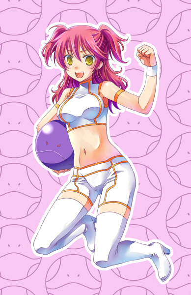 umetani chigusa, bad haro, haro, nena trinity, gundam, gundam 00, bad id, bad pixiv id, 00s, blush, freckles, midriff, red hair, solo, thighhighs, two side up, yellow eyes