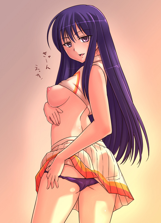 e20, malariya, quiz magic academy, 1girl, blue eyes, blue hair, breasts, cheerleader, clothes lift, female focus, matching hair/eyes, nipples, panties, shirt lift, solo, underwear