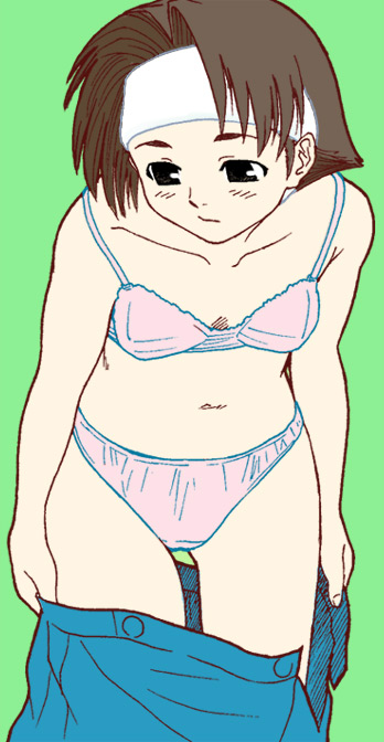 tsukinowa kumatarou, wakaba hinata, capcom, justice gakuen, shiritsu justice gakuen, bra, breasts, brown hair, headband, lingerie, panties, pink bra, pink panties, short hair, skirt, solo, underwear, underwear only, undressing