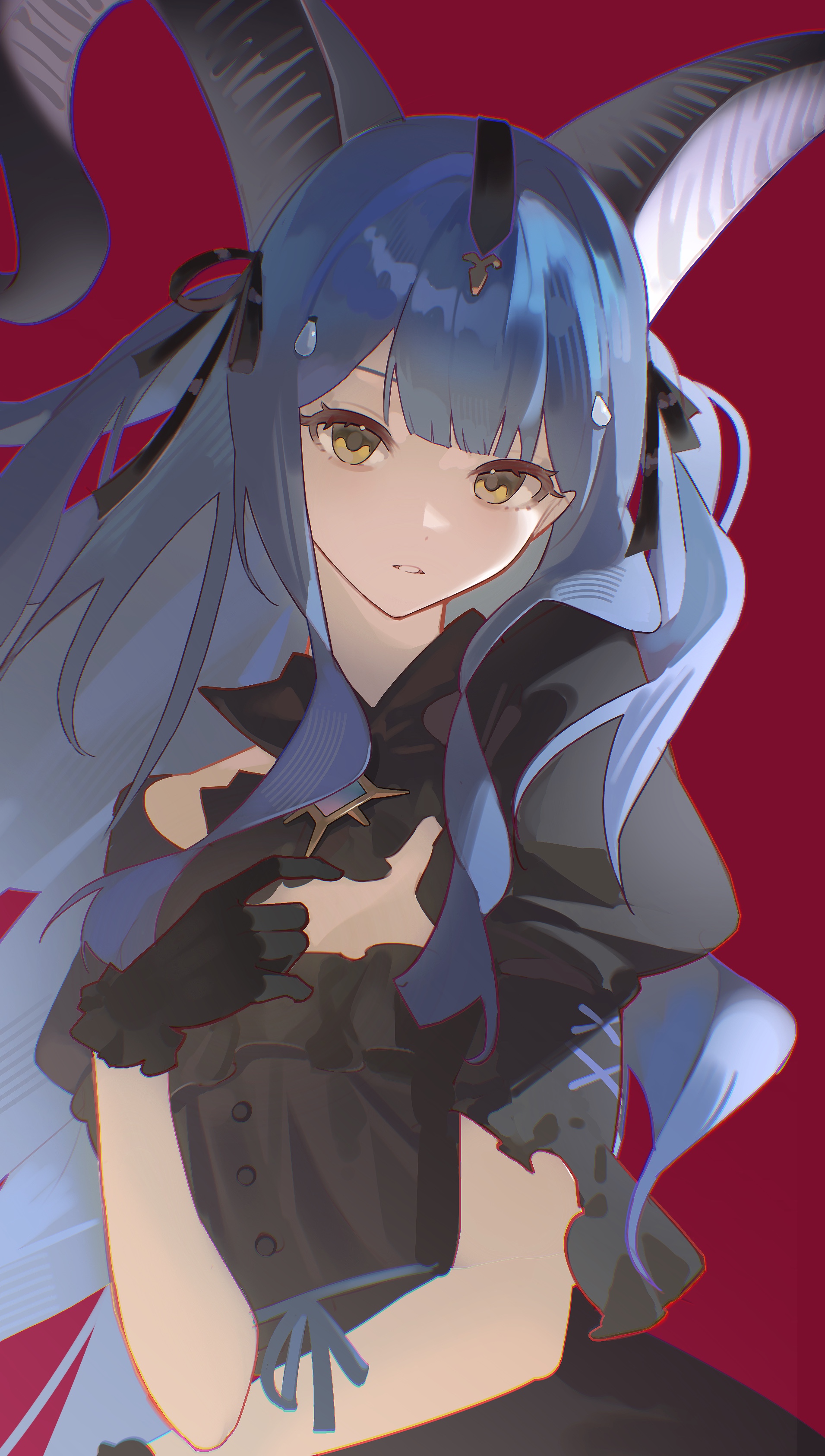 e-razor, togawa sakiko, arknights, bang dream!, bang dream! it's mygo!!!!!, absurdres, chinese commentary, commentary request, highres, 1girl, black dress, black gloves, black horns, black ribbon, blue hair, blunt bangs, chromatic aberration, curled horns, detached collar, dress, gloves, hair ribbon, hand up, horns, long hair, looking at viewer, parted lips, red background, ribbon, sidelocks, simple background, solo, togawa sakiko (master of melodia), upper body, yellow eyes