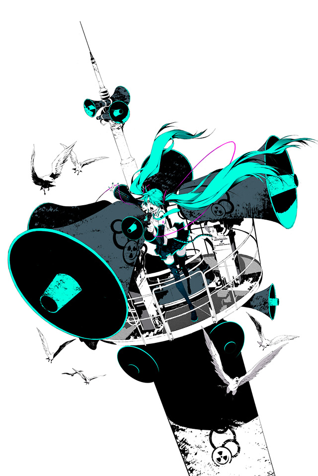 miwa shirow, hatsune miku, koi wa sensou (vocaloid), supercell (band), vocaloid, 1girl, absurdly long hair, aqua hair, bird, black thighhighs, female focus, green hair, legs, long hair, megaphone, radiation symbol, skirt, solo, thighhighs, twintails, very long hair, wide shot