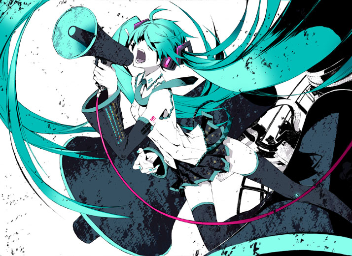 miwa shirow, hatsune miku, koi wa sensou (vocaloid), supercell (band), vocaloid, 1girl, ahoge, aqua hair, arm tattoo, black thighhighs, blouse, cable, collared shirt, covered eyes, female focus, green hair, hair over eyes, long hair, megaphone, miniskirt, oversized object, partially colored, shirt, shouting, skirt, sleeveless, sleeveless shirt, solo, tattoo, thighhighs, very long hair, white background, white shirt, zettai ryouiki