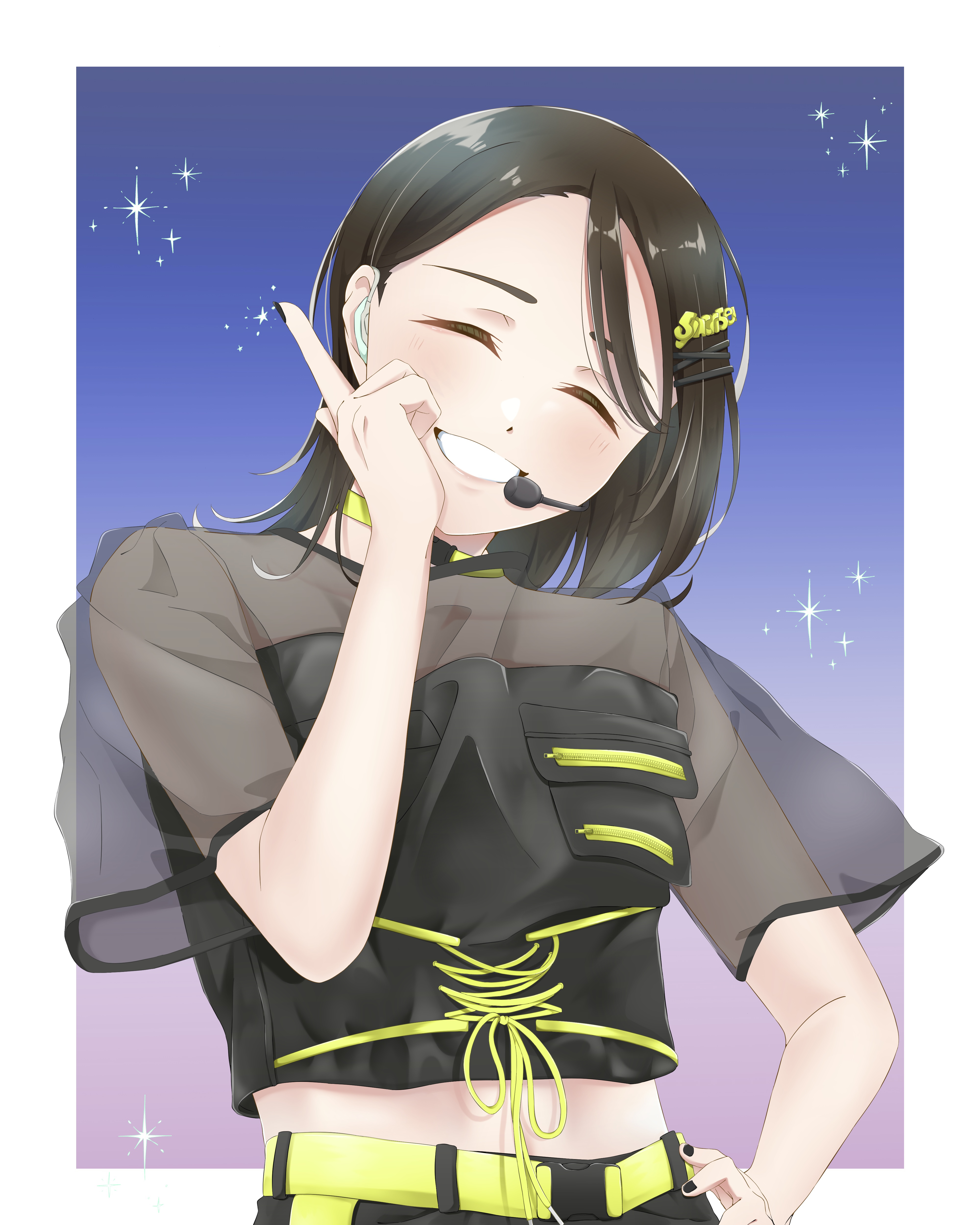 wotaku jinsei enjoy ikioi, love live!, love live! superstar!!, real life, absurdres, commentary, highres, 1girl, black hair, black nails, border, closed eyes, facing viewer, fingernails, hair ornament, hairclip, hairpin, hand on own hip, hand up, headset, kirakyun, midriff, nail polish, ookuma wakana, outside border, short sleeves, smile, solo, sparkle, upper body, voice actor, white border