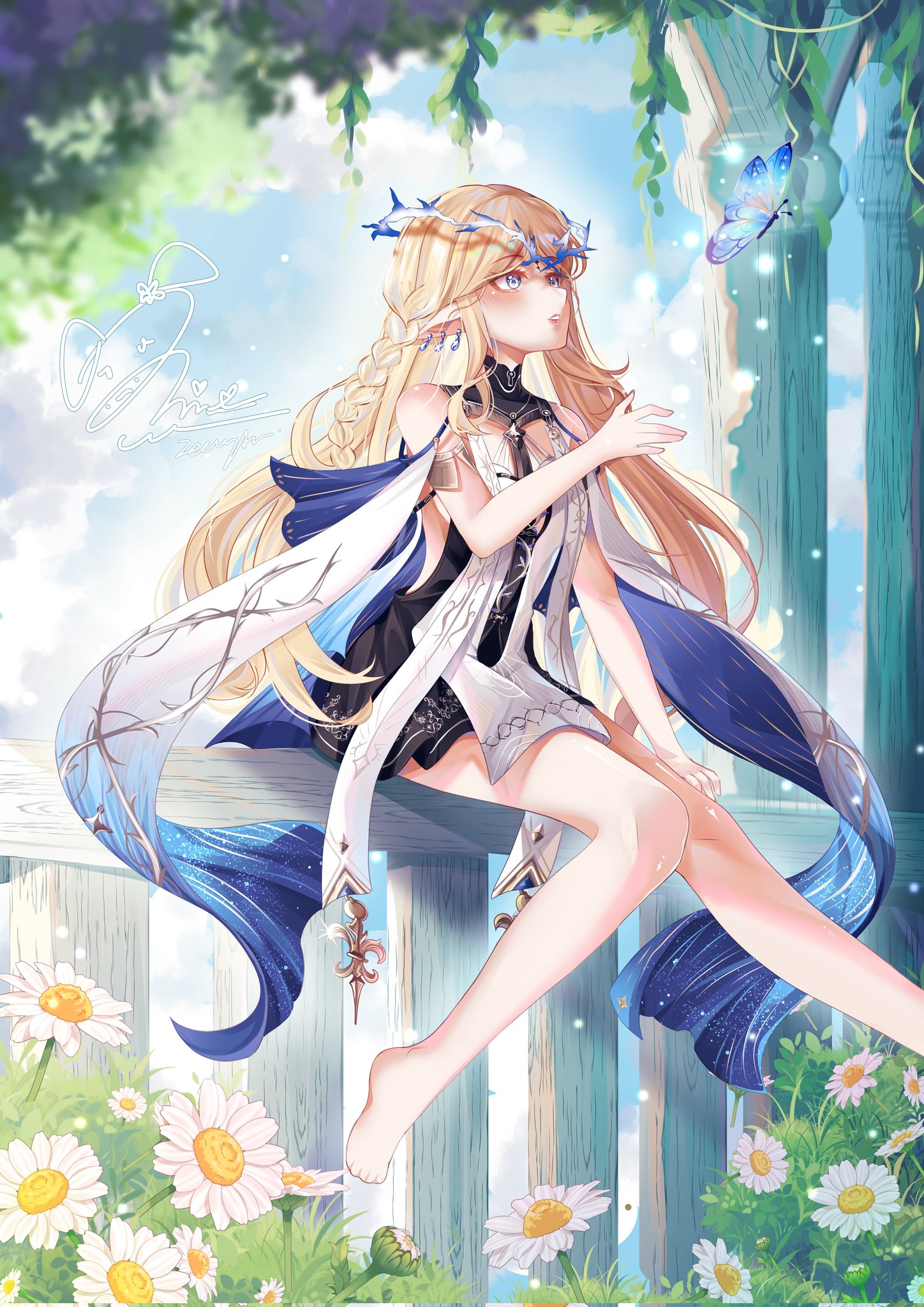 cartethyia (wuthering waves), wuthering waves, commentary, corrupted twitter file, english commentary, highres, 1girl, bare legs, bare shoulders, barefoot, black collar, black dress, blonde hair, blue butterfly, blue eyes, bug, butterfly, collar, crown of thorns, dress, earrings, foot out of frame, hand up, insect, jewelry, legs, long hair, looking at animal, multiple earrings, necklace, parted lips, pointy ears, signature, sitting, solo, tabard, tacet mark (wuthering waves), white tabard, zeevyara