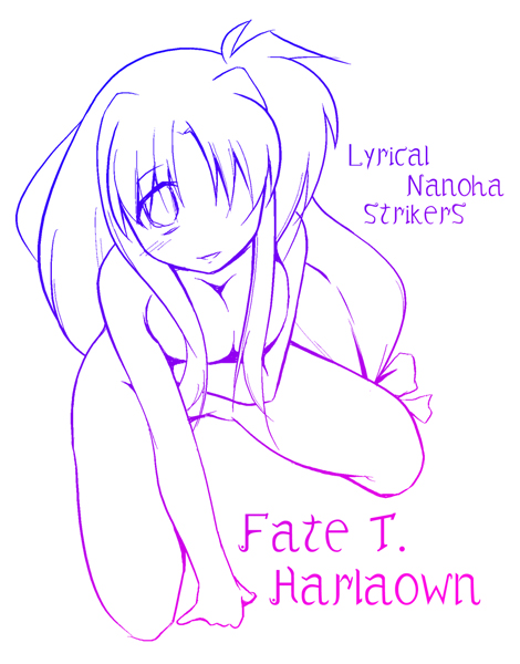 namuru, fate testarossa, lyrical nanoha, mahou shoujo lyrical nanoha, mahou shoujo lyrical nanoha strikers, breast hold, 00s, 1girl, :d, blush, bow, breasts, cleavage, copyright name, female focus, full body, hair bow, hair over one eye, leaning forward, long hair, looking at viewer, low-tied long hair, monochrome, nude, open mouth, parted bangs, purple theme, sidelocks, simple background, sitting, smile, solo, spread legs, very long hair, wariza, white background