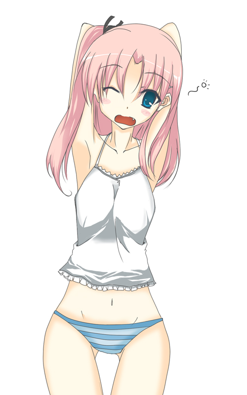 suu (artist), maaryan (to heart), to heart (series), to heart 2, 00s, 1girl, armpits, camisole, female focus, panties, solo, striped clothes, striped panties, underwear, underwear only