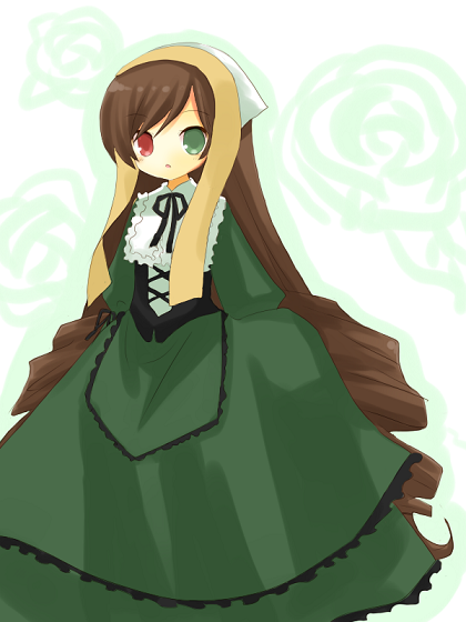yuzuki (yuduame), suiseiseki, rozen maiden, 00s, 1girl, :o, black ribbon, blush, corset, dress, drill hair, female focus, floral background, frilled dress, frills, green dress, green eyes, headscarf, heterochromia, layered dress, long hair, long sleeves, looking at viewer, open mouth, red eyes, ribbon, solo, standing, swept bangs, tareme, twin drills, very long hair, white headscarf
