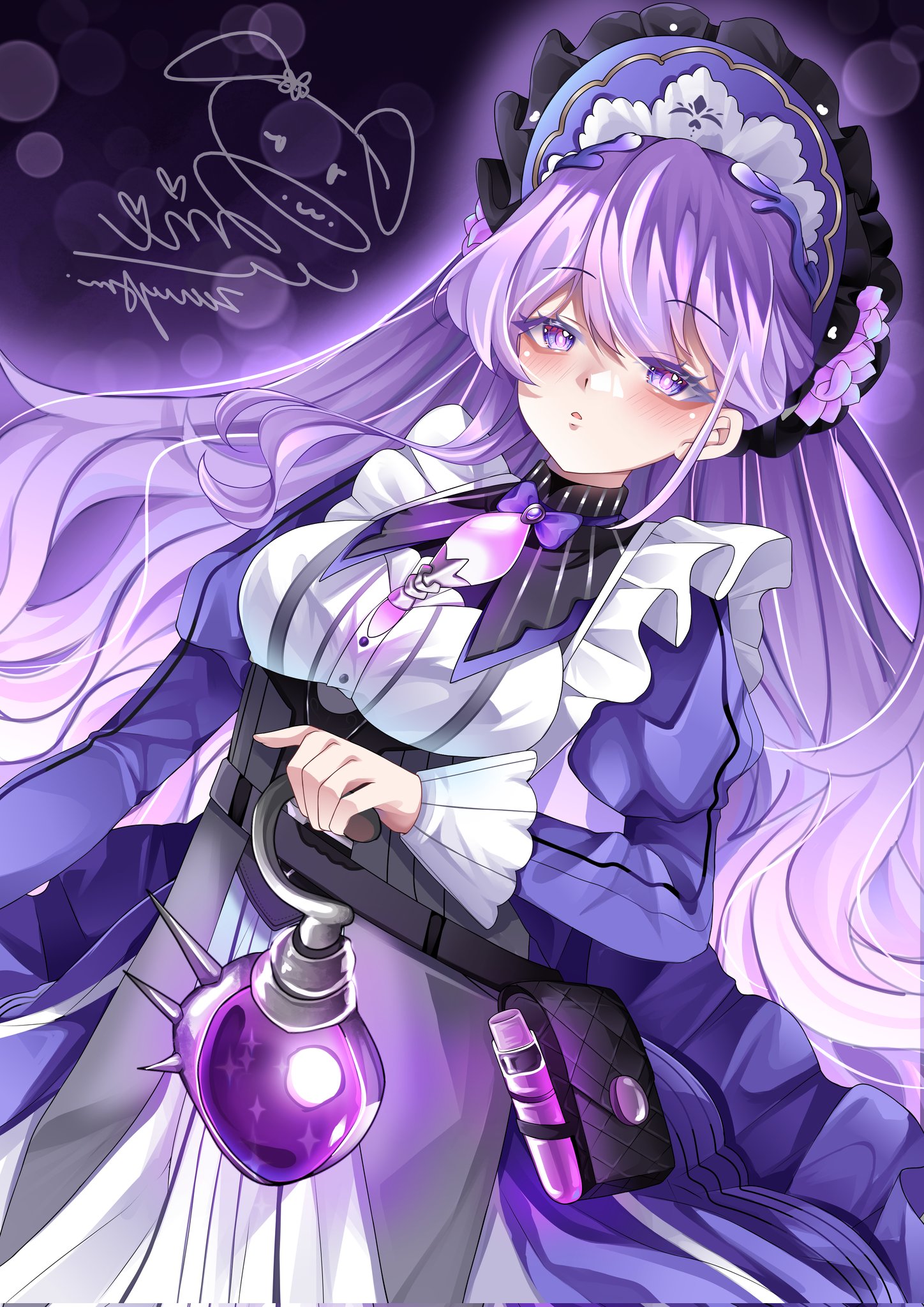 rosemary (wuthering waves), wuthering waves, commentary, corrupted twitter file, english commentary, highres, 1girl, bonnet, bow, bowtie, breasts, dress, holding, holding lantern, juliet sleeves, lantern, light blush, long hair, long sleeves, looking at viewer, medium breasts, parted lips, puffy sleeves, purple bonnet, purple bow, purple bowtie, purple dress, purple eyes, purple hair, signature, solo, very long hair, zeevyara