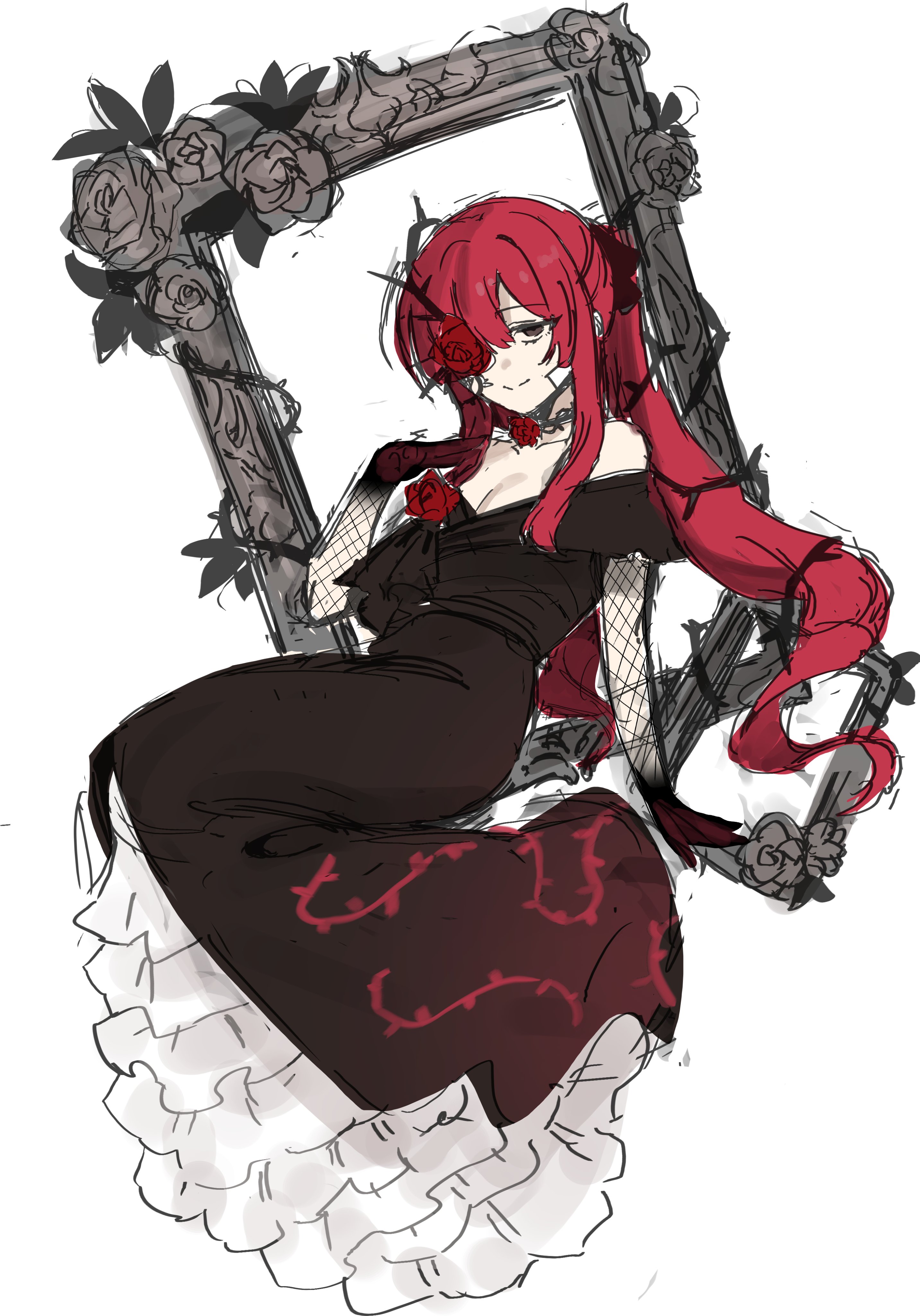 kim nyangpeon, yuri (project moon), limbus company, project moon, absurdres, highres, 1girl, bandaid, bandaid on cheek, bandaid on face, bare shoulders, black bow, black dress, black eyes, black hands, bow, breasts, cleavage, closed mouth, colored extremities, dress, eyelashes, fishnet sleeves, fishnets, flower, flower in eye, frilled dress, frills, full body, gown, hair between eyes, hair bow, hand on own shoulder, layered sleeves, long hair, long sleeves, off-shoulder dress, off shoulder, picture frame, pink hair, red flower, red rose, rose, short over long sleeves, short sleeves, simple background, sitting, smile, solo, symbol in eye, thorn print, thorns, twintails, very long hair, white background, white dress, yearning-mircalla (e.g.o)
