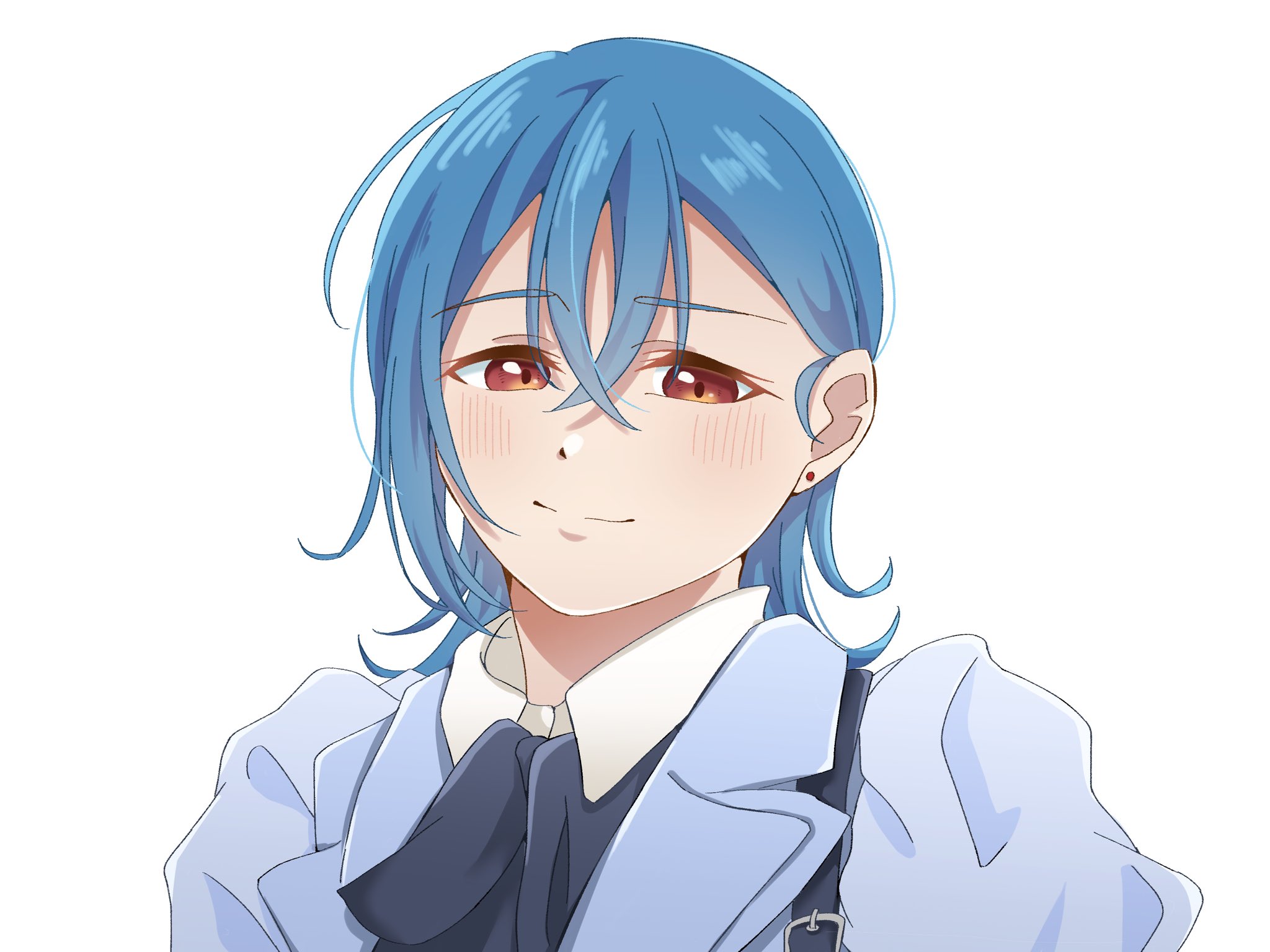 wotaku jinsei enjoy ikioi, wakana shiki, love live!, love live! superstar!!, commentary request, highres, 1girl, blue hair, closed mouth, collared shirt, colored eyelashes, crossed bangs, earrings, jewelry, jump into the new world, lapels, notched lapels, orange eyes, shirt, simple background, smile, solo, split mouth, stud earrings, upper body, white background