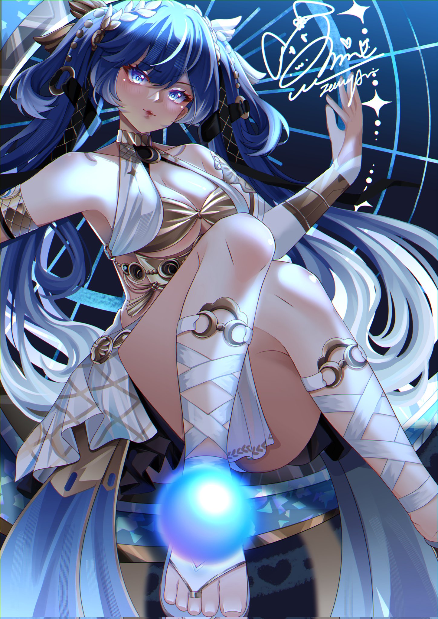 iuno (wuthering waves), wuthering waves, commentary, english commentary, highres, 1girl, ancient greek clothes, armlet, bare shoulders, blue eyes, blue hair, breasts, chromatic aberration, cleavage, closed mouth, gold bra, gradient hair, greco-roman clothes, hair belt, head wreath, jewelry, leg wrap, long hair, looking at viewer, medium breasts, multicolored hair, orb, signature, smile, solo, thighs, twintails, very long hair, zeevyara