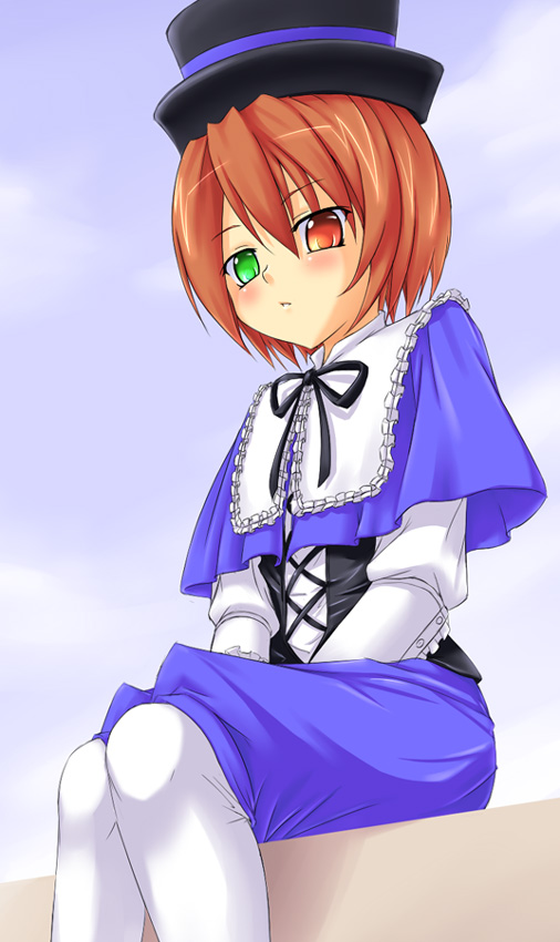 buresu, souseiseki, rozen maiden, 00s, 1girl, female focus, hat, heterochromia, outdoors, pantyhose, sky, solo