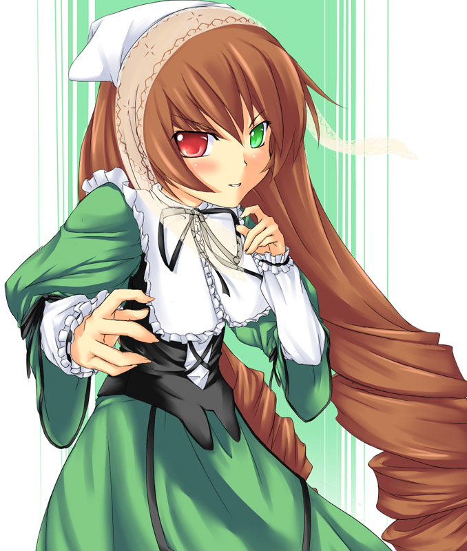 buresu, suiseiseki, rozen maiden, 00s, 1girl, blush, brown hair, corset, dress, drill hair, green dress, green eyes, hat, headscarf, heterochromia, lolita fashion, long hair, long sleeves, red eyes, twin drills, twintails, very long hair, white headscarf