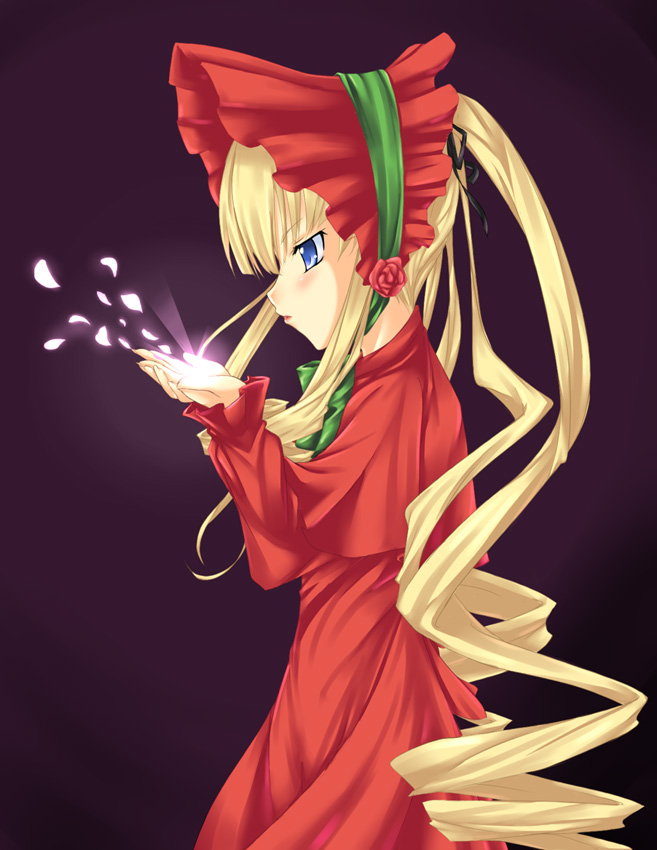 buresu, shinku, rozen maiden, 00s, 1girl, blonde hair, blue eyes, bonnet, bow, capelet, dress, drill hair, flower, long hair, open mouth, red dress, ribbon, rose, simple background, twin drills, twintails, very long hair
