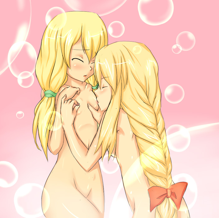 buresu, archer (fft), geomancer (fft), final fantasy, final fantasy tactics, 2girls, blonde hair, breast sucking, flat chest, loli, multiple girls, nude, yuri