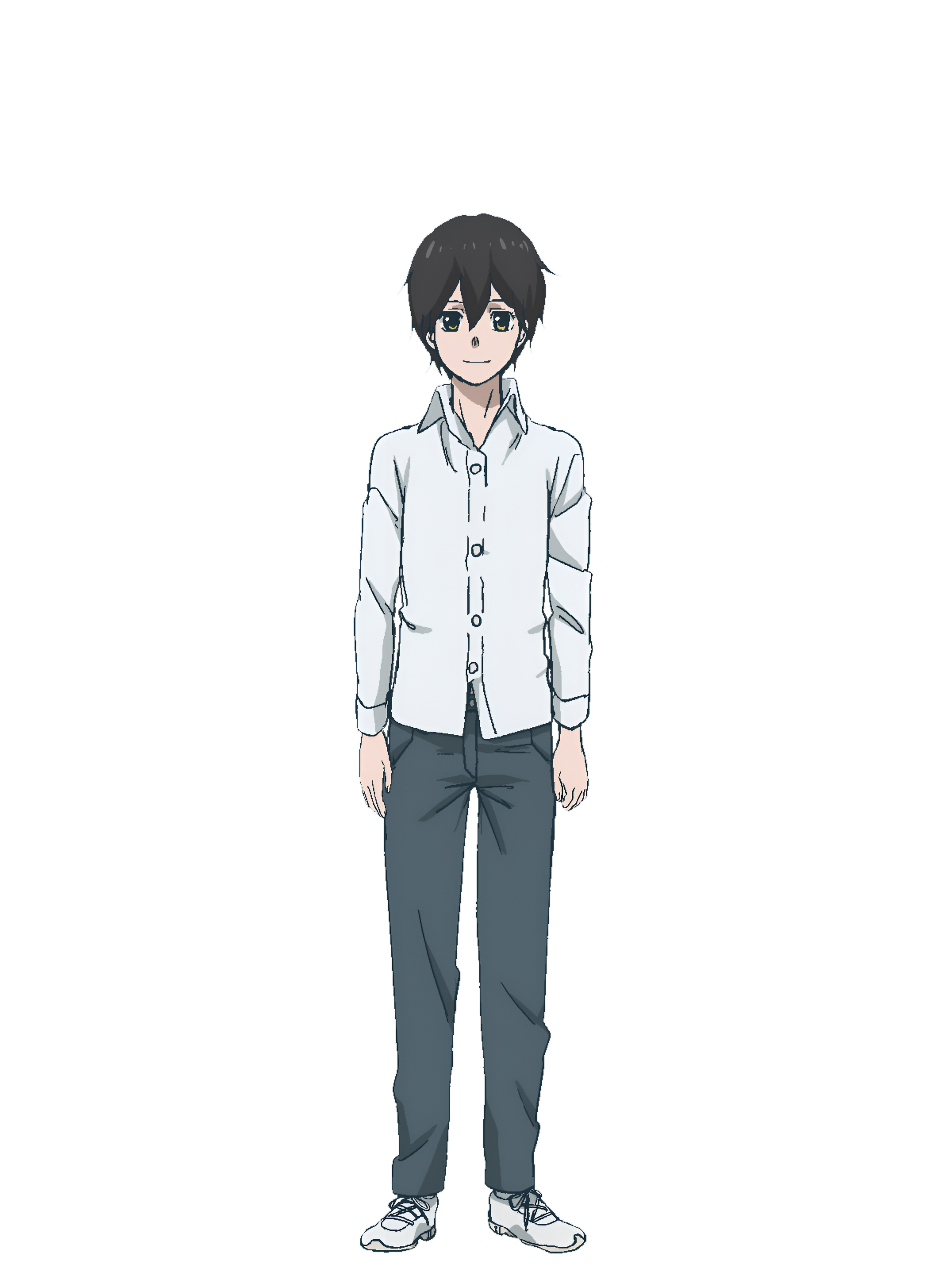 toshihide (ningyo rhapsody), ningyo rhapsody, non-web source, official art, 1boy, black hair, blue pants, closed mouth, light smile, long hair, looking at viewer, pants, school uniform, shirt, shoes, sneakers, transparent background, white shirt, yellow eyes