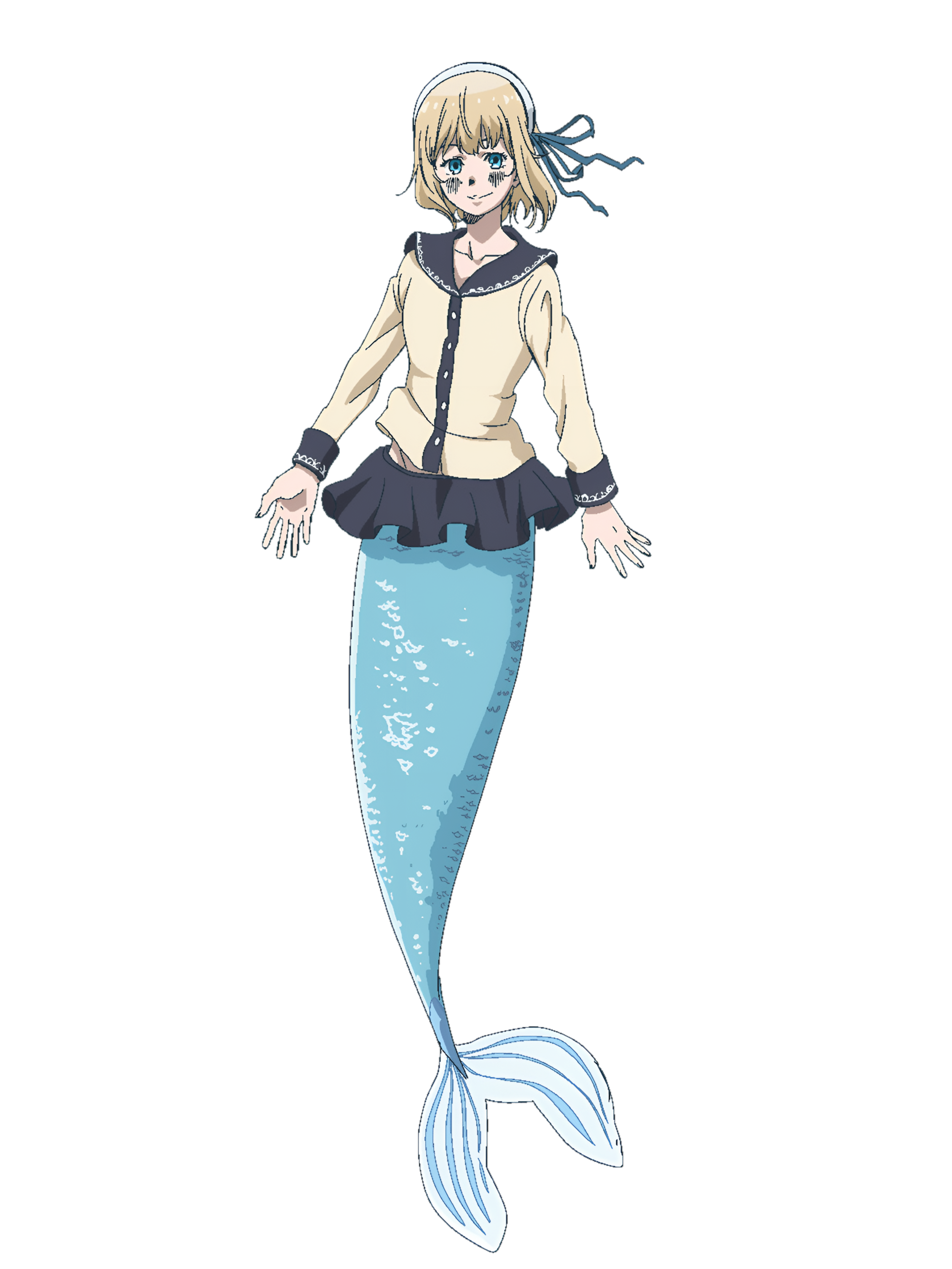 shiju (ningyo rhapsody), ningyo rhapsody, official art, 1girl, black shirt, blonde hair, blue eyes, blush, closed mouth, hair ribbon, hairband, long hair, long sleeves, looking at viewer, ribbon, sailor collar, shirt, siren (mythology), smile, solo, transparent background, white hairband, yellow shirt