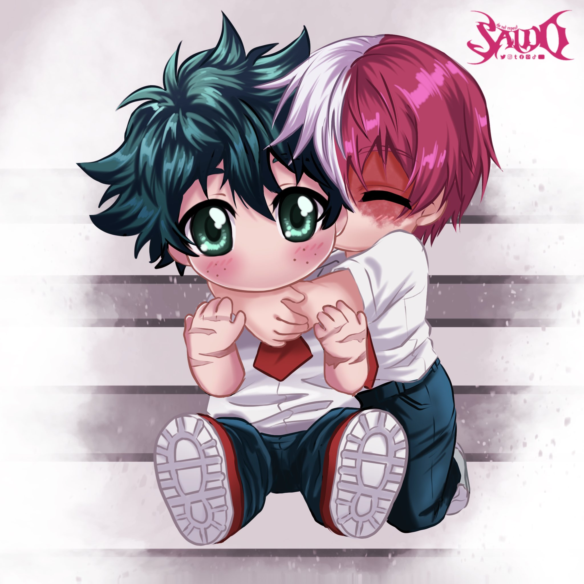 midoriya izuku, todoroki shoto, boku no hero academia, tie, blush, chibi, curlyhair, freckles, hug, saidochan0106, scar, school uniform, sitting, stairs, tododeku