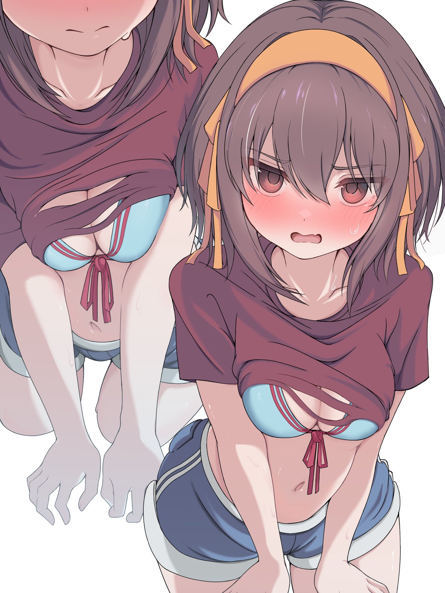 rai iceblast, suzumiya haruhi, suzumiya haruhi no yuuutsu, highres, 1girl, bikini, bikini top only, blush, breasts, brown hair, cleavage, cleavage cutout, closed mouth, clothes lift, clothing cutout, collarbone, front-tie bikini top, front-tie top, hair between eyes, hair ribbon, headband, medium breasts, midriff, navel, open mouth, red eyes, ribbon, shirt, shirt lift, short hair, short shorts, short sleeves, shorts, sweat, swimsuit, thighs, torn clothes, torn shirt