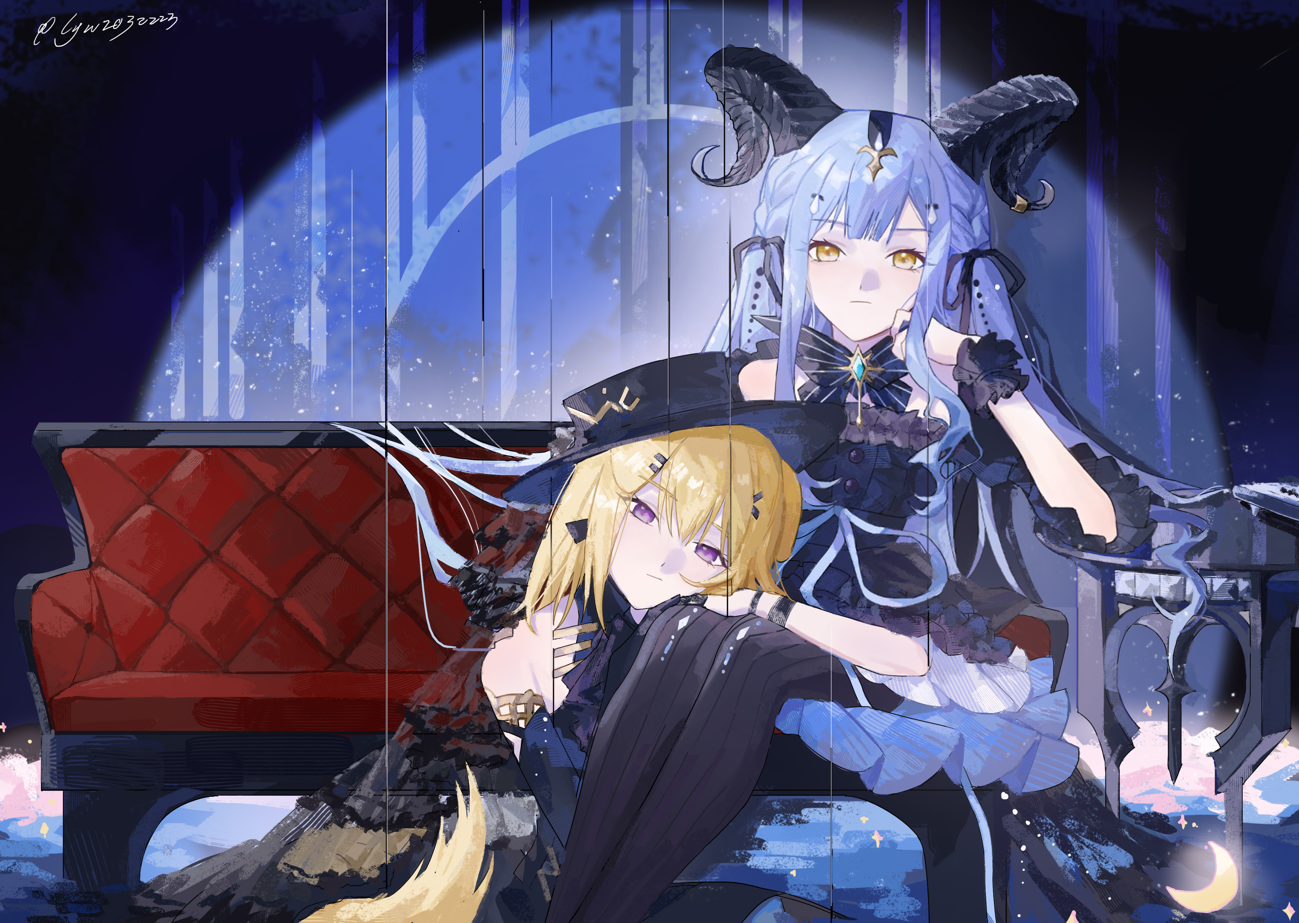 phant ash, misumi uika, togawa sakiko, arknights, bang dream!, bang dream! it's mygo!!!!!, absurdres, highres, 2girls, animal ears, black dress, black gloves, black hat, black horns, black ribbon, blonde hair, blue hair, closed mouth, couch, crescent, curled horns, detached collar, dog ears, dog girl, dog tail, dress, elbow rest, feet out of frame, gloves, hair between eyes, hair ribbon, hand on own cheek, hand on own face, hat, horns, kemonomimi mode, leaning on person, long hair, looking at viewer, medium hair, misumi uika (caged singer), multiple girls, on couch, purple eyes, ribbon, sidelocks, sitting, spotlight, table, tail, togawa sakiko (master of melodia), yellow eyes