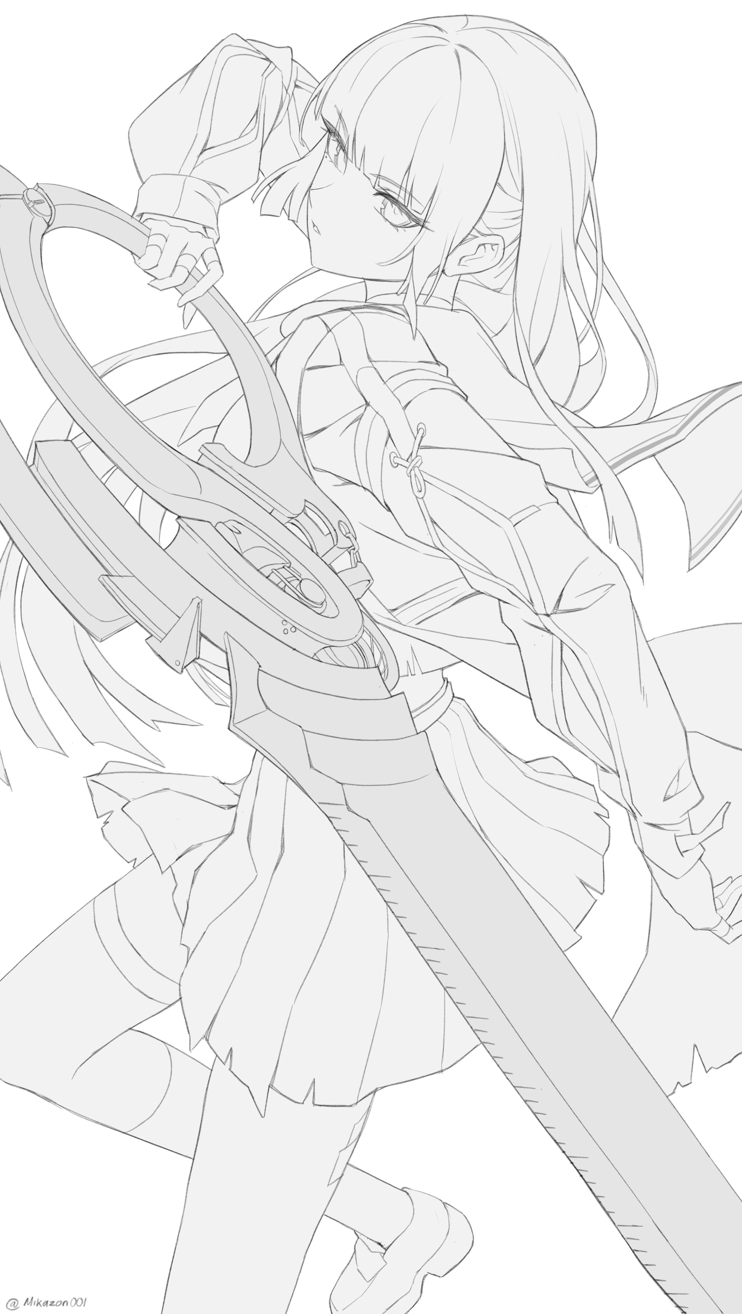 mikazon, chisa (wuthering waves), wuthering waves, absurdres, commentary, english commentary, highres, 1girl, arm cutout, clothing cutout, from side, holding, holding sword, holding weapon, long hair, long sleeves, looking at viewer, parted lips, sailor collar, shoes, simple background, sketch, skirt, solo, sword, thigh strap, twitter username, weapon, white background