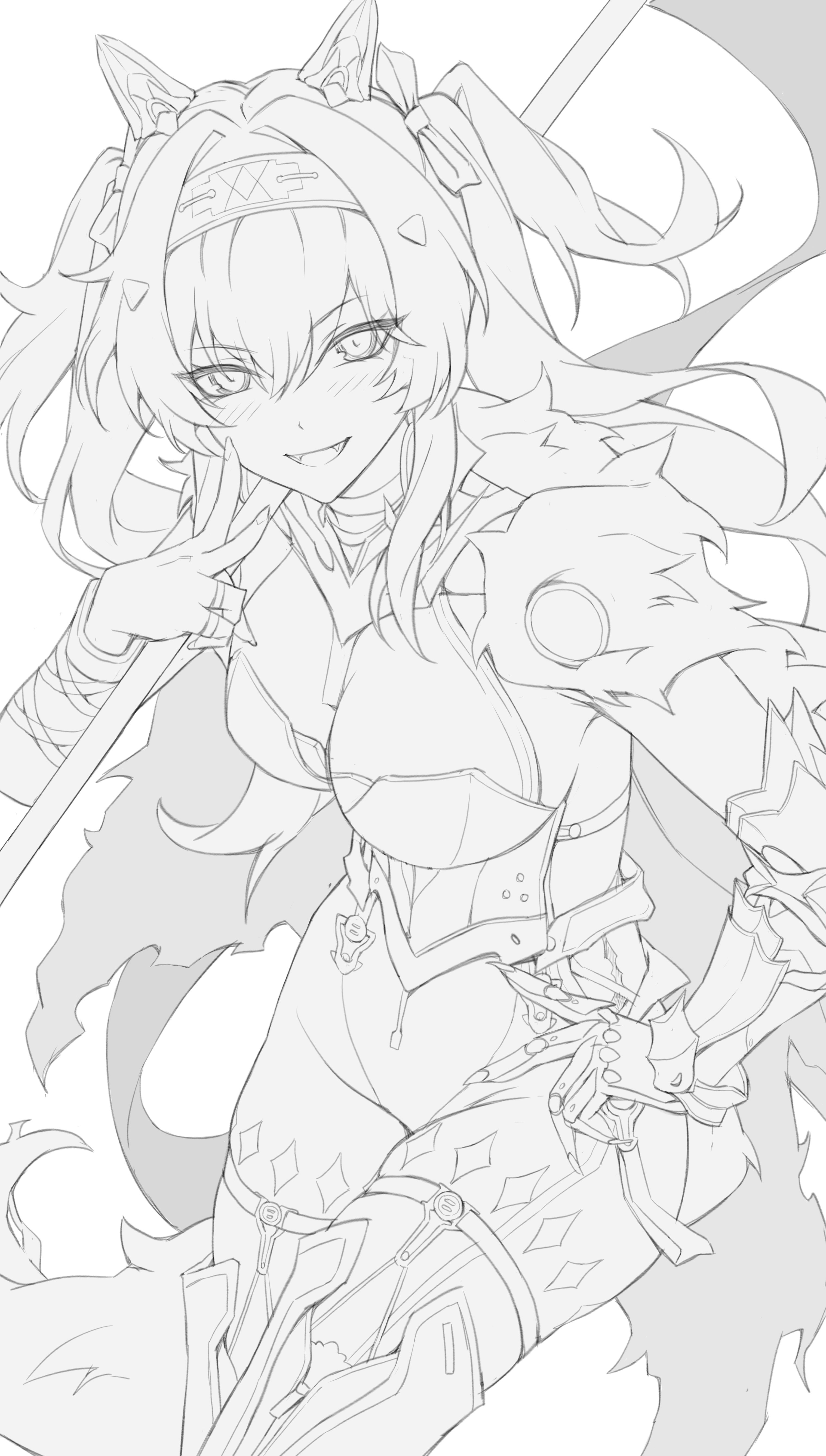 mikazon, lupa (wuthering waves), wuthering waves, absurdres, commentary, english commentary, highres, 1girl, boots, breasts, cowboy shot, fangs, fingernails, gauntlets, hair between eyes, hairband, hand on own hip, large breasts, light blush, long hair, looking at viewer, mechanical ears, open mouth, simple background, sketch, smile, solo, tail, thigh boots, white background, wolf tail