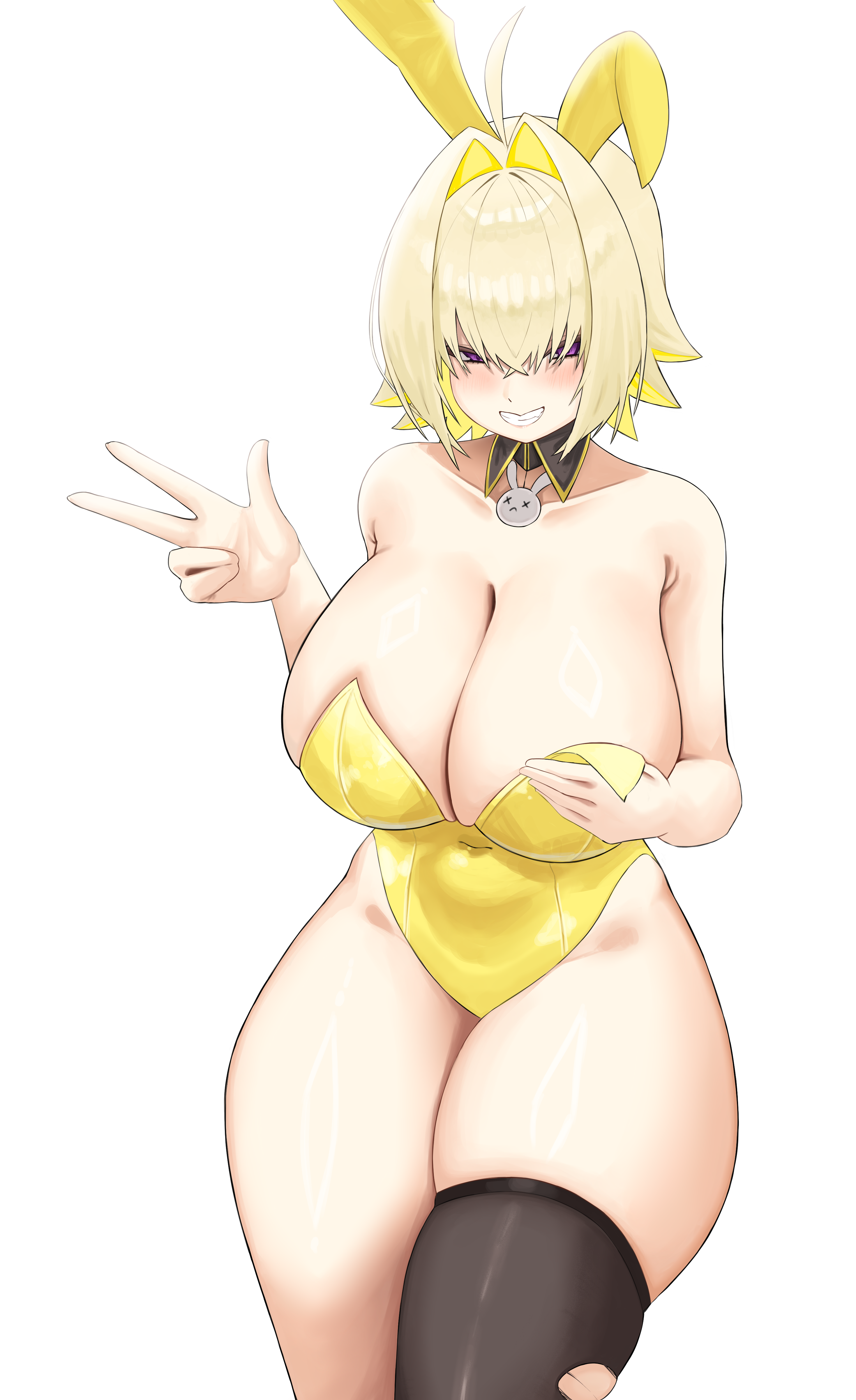 bluepaint, elegg (nikke), goddess of victory: nikke, absurdres, commentary, english commentary, highres, 1girl, ahoge, alternate costume, animal ears, bare shoulders, black thighhighs, blonde hair, breasts, cleavage, fake animal ears, hair intakes, huge breasts, leotard, looking at viewer, playboy bunny, purple eyes, rabbit ears, short hair, simple background, single thighhigh, smile, solo, thighhighs, thighs, torn clothes, torn thighhighs, w, white background, yellow leotard