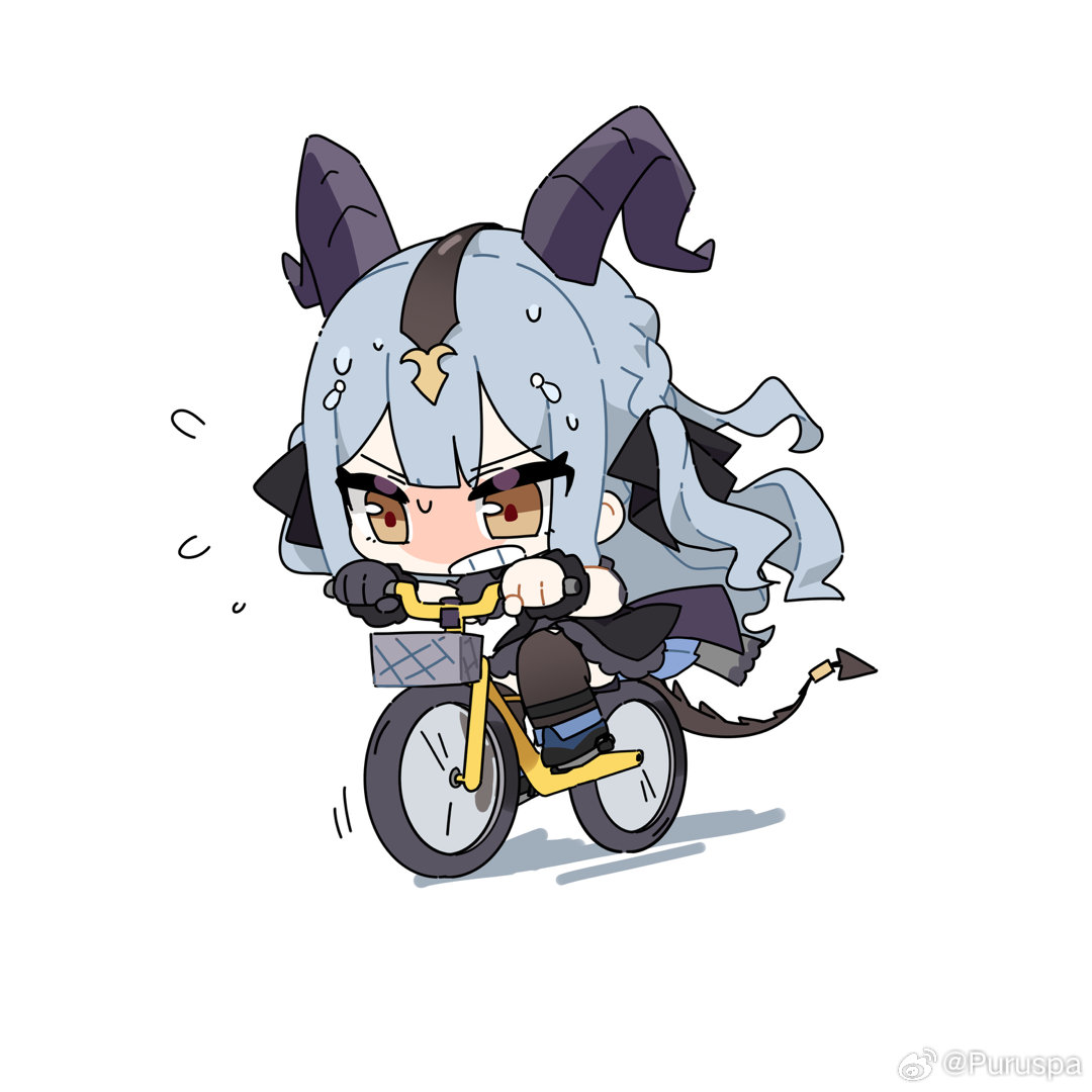33puruspa, togawa sakiko, arknights, bang dream!, bang dream! it's mygo!!!!!, chinese commentary, commentary request, 1girl, bicycle, black dress, black horns, black ribbon, blue hair, brown eyes, chibi, chibi only, closed mouth, curled horns, dress, flying sweatdrops, full body, gloves, hair ribbon, horns, long hair, looking at viewer, ribbon, riding, riding bicycle, sidelocks, simple background, single glove, solo, tail, tail ornament, tail ring, togawa sakiko (master of melodia), watermark, weibo watermark, white background