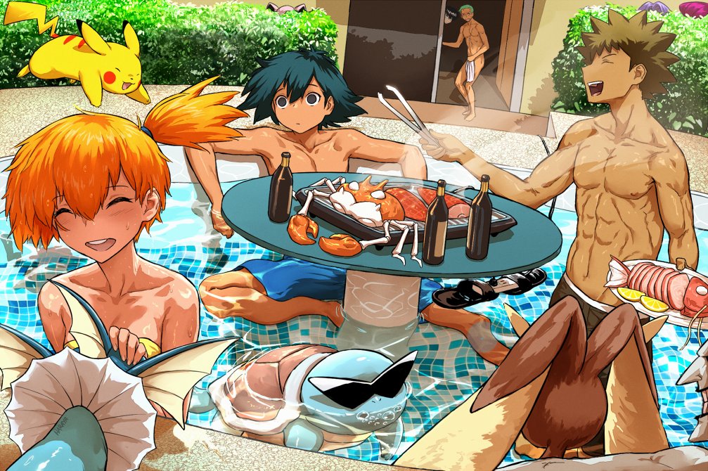 haraya manawari, ash ketchum, brock (pokemon), james (pokemon), jessie (pokemon), jigglypuff, krabby, lopunny, magikarp, misty (pokemon), pikachu, roronoa zoro, squirtle, the joker, vaporeon, batman (series), dc comics, nintendo, one piece, pokemon, pokemon (anime), pokemon (classic anime), 2boys, 6+boys, ^ ^, abs, air bubble, arm around neck, arm rest, bikini, black hair, bottle, breasts, brown hair, bubble, cameo, closed eyes, colored skin, cooking, covering crotch, covering privates, creature as food, crossover, dark-skinned male, dark skin, day, empty eyes, gen 1 pokemon, gen 4 pokemon, green hair, grey hair, grill, grilling, grin, hair between eyes, hand on another's head, headpat, hiding, holding, hose, kneeling, looking at another, male swimwear, multiple boys, multiple crossover, navel, nipples, nude, nude cover, open mouth, orange hair, outdoors, partially submerged, pokemon (creature), pool, purple hair, red hair, scar, scar on chest, short hair, sitting, smile, smoke, spiked hair, standing, stomach, strapless, strapless bikini, sunglasses, swimsuit, toned, toned male, towel, water, white skin