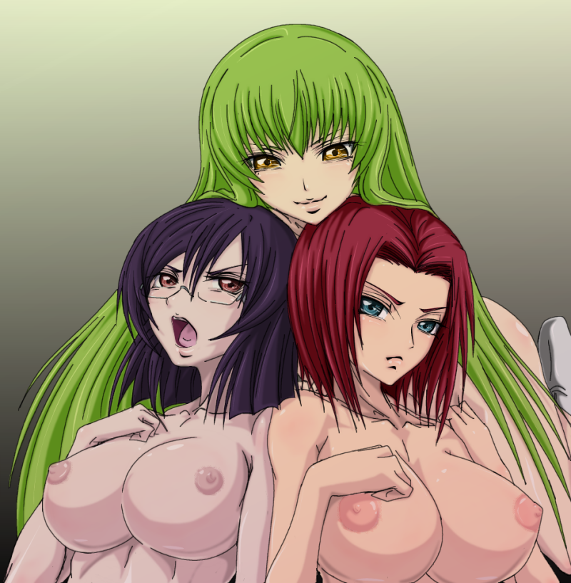 madhatter hello, c.c., kouzuki kallen, tieria erde, code geass, gundam, gundam 00, bad id, bad pixiv id, gender request, 00s, 3girls, breasts, completely nude, crossover, genderswap, glasses, huge breasts, large breasts, multiple girls, nipples, nude, yuri