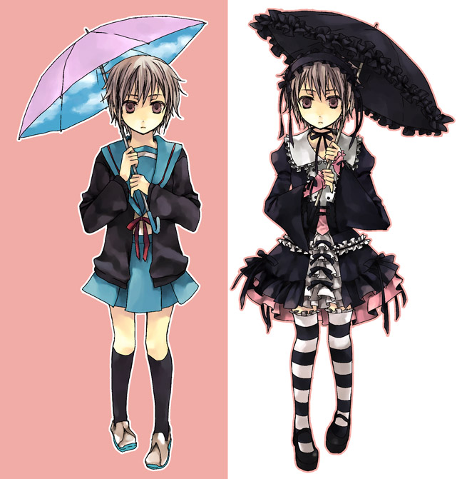 soysauce (pixiv47673), nagato yuki, suzumiya haruhi no yuuutsu, bad id, bad pixiv id, 00s, goth fashion, gothic lolita, lolita fashion, multiple views, school uniform, serafuku, thighhighs, umbrella