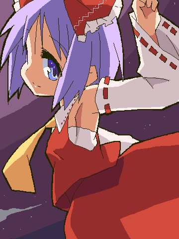 9law, hakurei reimu, hiiragi tsukasa, lucky star, touhou, bad id, bad pixiv id, lowres, 1girl, armpits, cosplay, female focus, hakurei reimu (cosplay), oekaki, skirt, solo