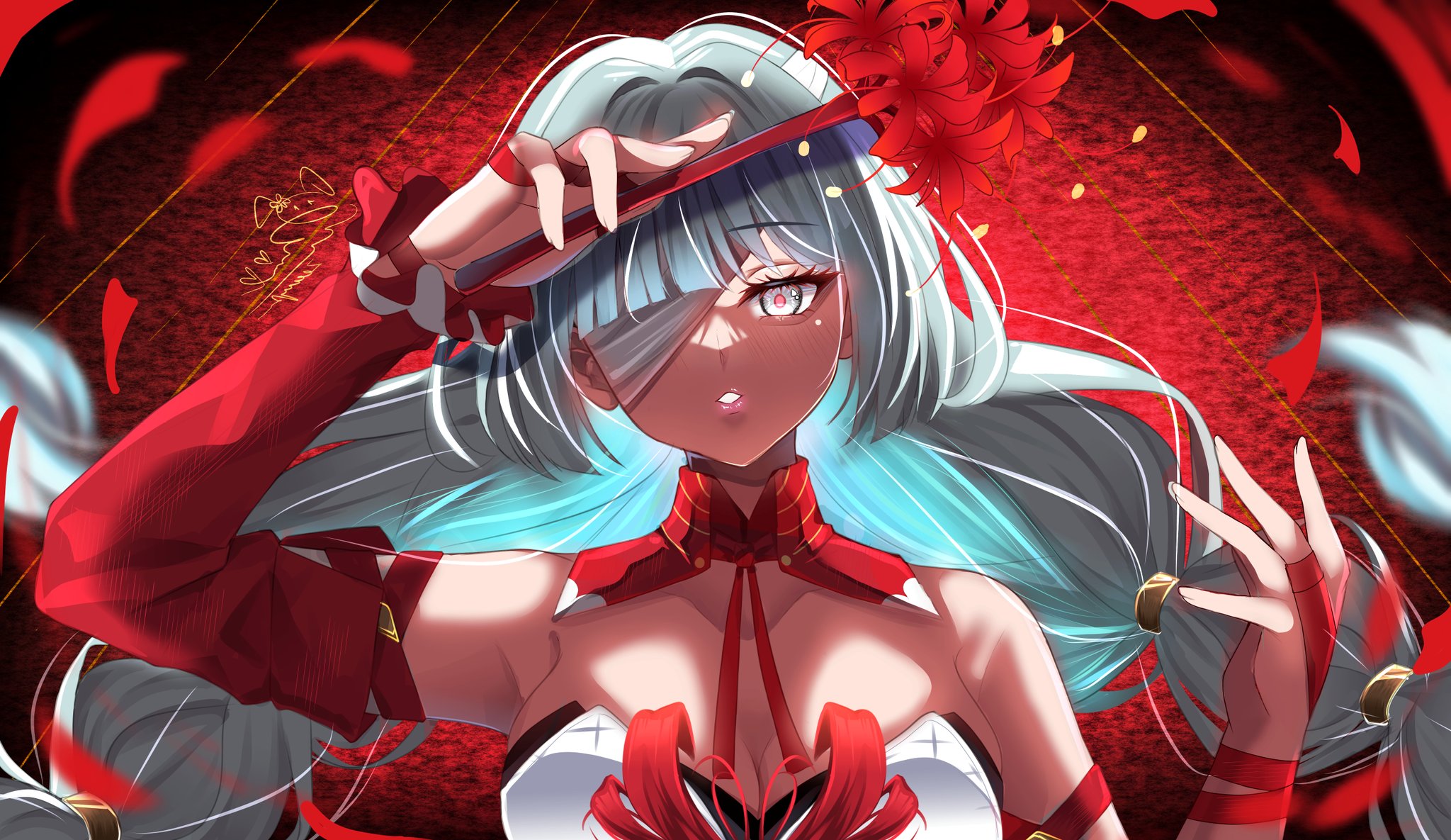 phrolova (wuthering waves), wuthering waves, commentary, english commentary, highres, 1girl, arm up, bare shoulders, braid, breasts, cleavage, collar, detached sleeves, fingernails, flower, grey hair, holding, holding flower, long hair, low twin braids, medium breasts, red collar, single detached sleeve, solo, spider lily, twin braids, upper body, zeevyara