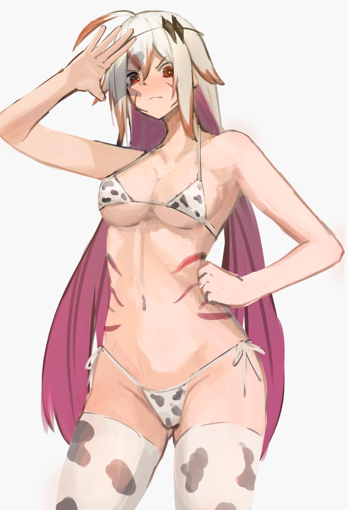alexandra (grimms notes), grimms notes, bad id, bad twitter id, 1girl, breasts, cow print, cow print bikini, grey hair, medium breasts, multicolored hair, print bikini, red hair, sleptmri, solo, two-tone hair