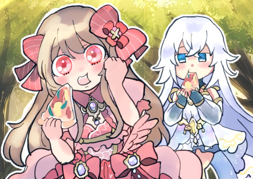 chaos marie (grimms notes), magic mirror (grimms notes), grimms notes, bad id, bad twitter id, blonde hair, blue eyes, forest, mugi25ta, nature, pink eyes, pizza, pizza slice, white hair